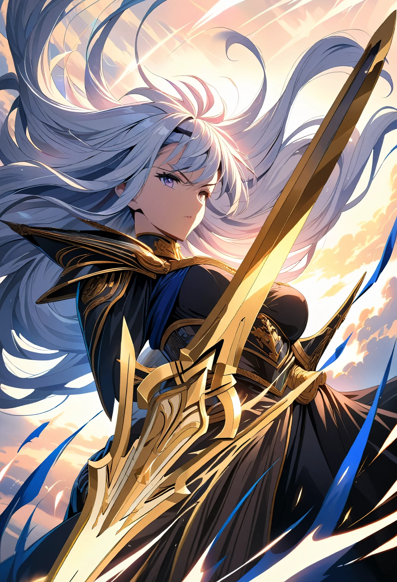 Masterpiece, 4K, ultra detailed, ((solo)), anime style, mature woman with long flowy hair, holding gold sword, wind effect, dynamic angle, royal knight