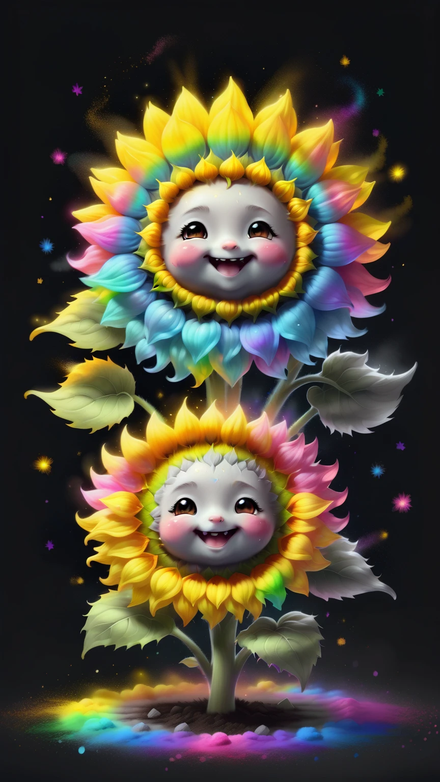 Glowing magical cute sunflower in chalk gray style, 8K,rainbow colors, kawaii, Lovely, The art of math, high quality, Very detailed