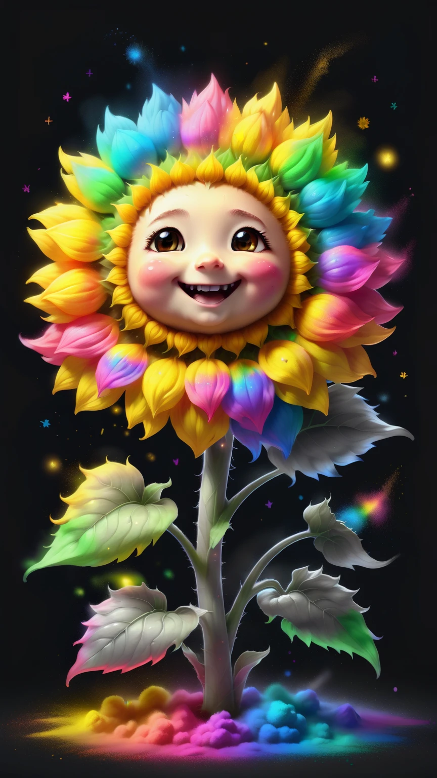 Glowing magical cute sunflower in chalk gray style, 8K,rainbow colors, kawaii, Lovely, The art of math, high quality, Very detailed