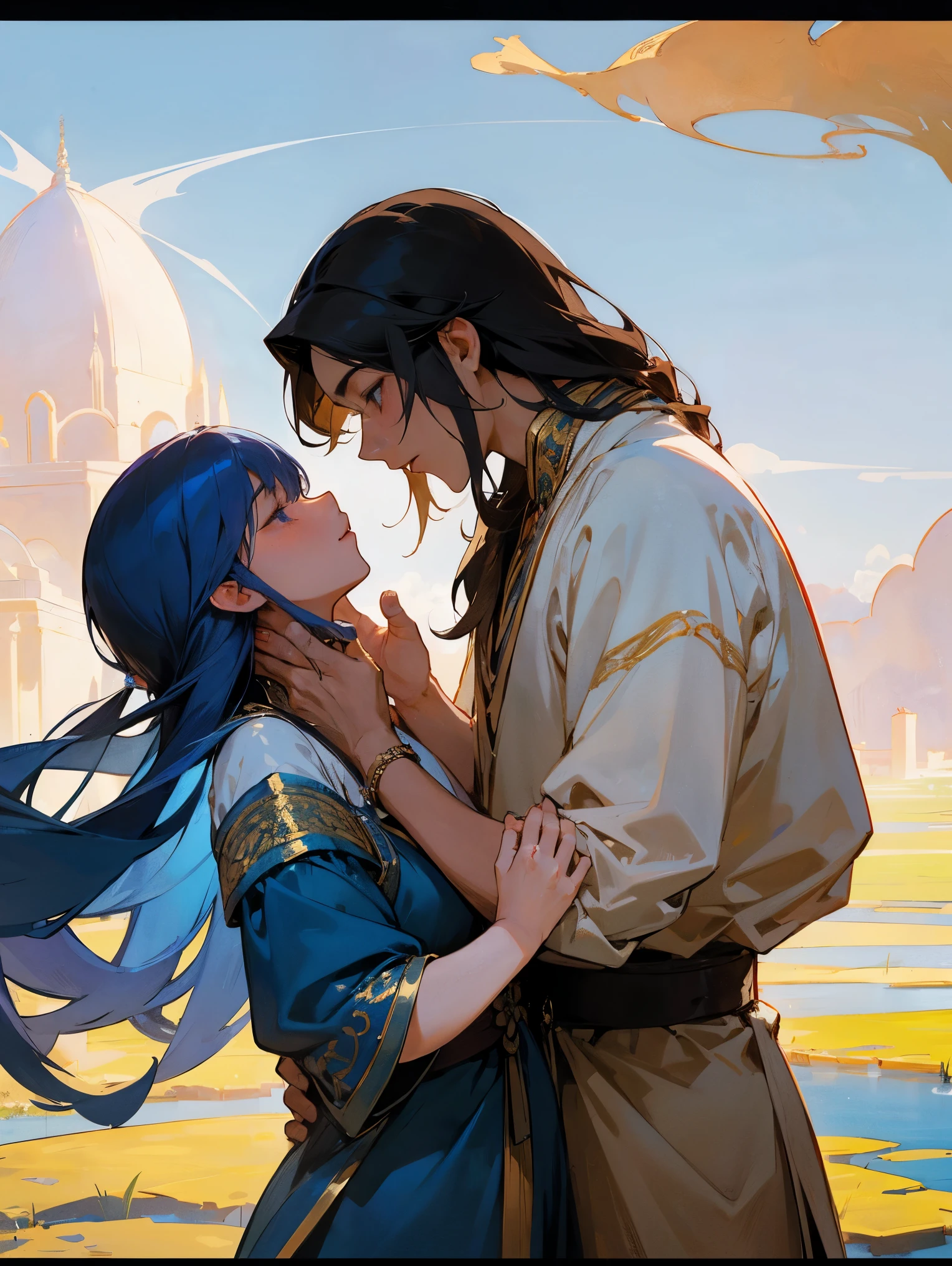 An intimate encounter between a man and a woman unfolds in a heartwarming and enchanting scene.。The stage is、steppe of central asia。The banks of the great river sparkling in the sunlight。Fantastic and majestic continental scenery。Creates a romantic atmosphere。 They stand facing each other,。their heights are different from each other。 emphasizes their unique physical characteristics。 That man is his height,Has dark hair that frames his striking face。The man is the crown prince of a steppe nomadic empire.。The man was wearing an ultramarine costume.、It is decorated with intricate golden embroidery.。A woman is a civilian in the oasis and is wearing Uyghur national costume.。The woman is delicate and .。Show off your radiant beauty with flowing, brightly colored hair. Their lips meet in a passionate kiss。 their pure love、Emphasis is placed on transcending class and culture.。 This magical moment captures the essence of their love,。evokes a feeling of sweetness and enchantment。symbolism、Impressionism、romantic、Persian miniature、Reminiscent of the style of Alma Tadema and Gustave Moreau、delicate、beautiful、It has an exotic, luxurious and profound charm.。