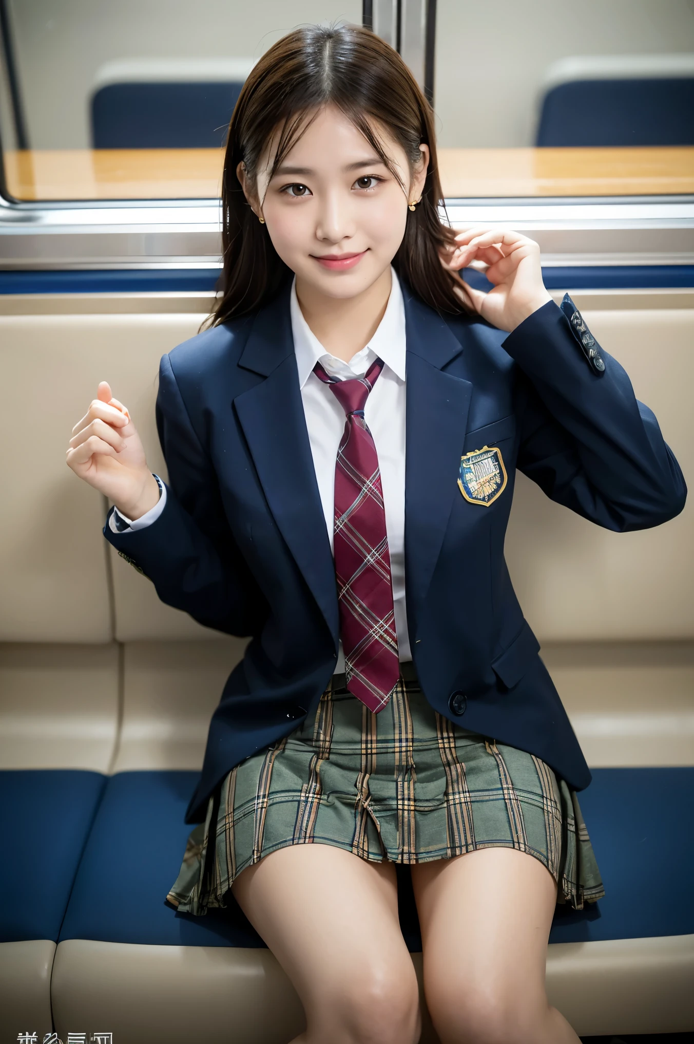 (8K), (highest quality: 1.2), (realistic), (realistic: 1.37), ultra high resolution, 1 girl, cute, smile, closed mouth, beautiful details, beautiful nose, wet hair, giant dulcefo, pork, thighs,Self snap,University Student Uniform,Sitting on a Tokyo train,simple blazer,pleated skirt,(The pattern of the skirt and tie is a tartan check pattern..:1.3),cross your legs, From above,thighs
