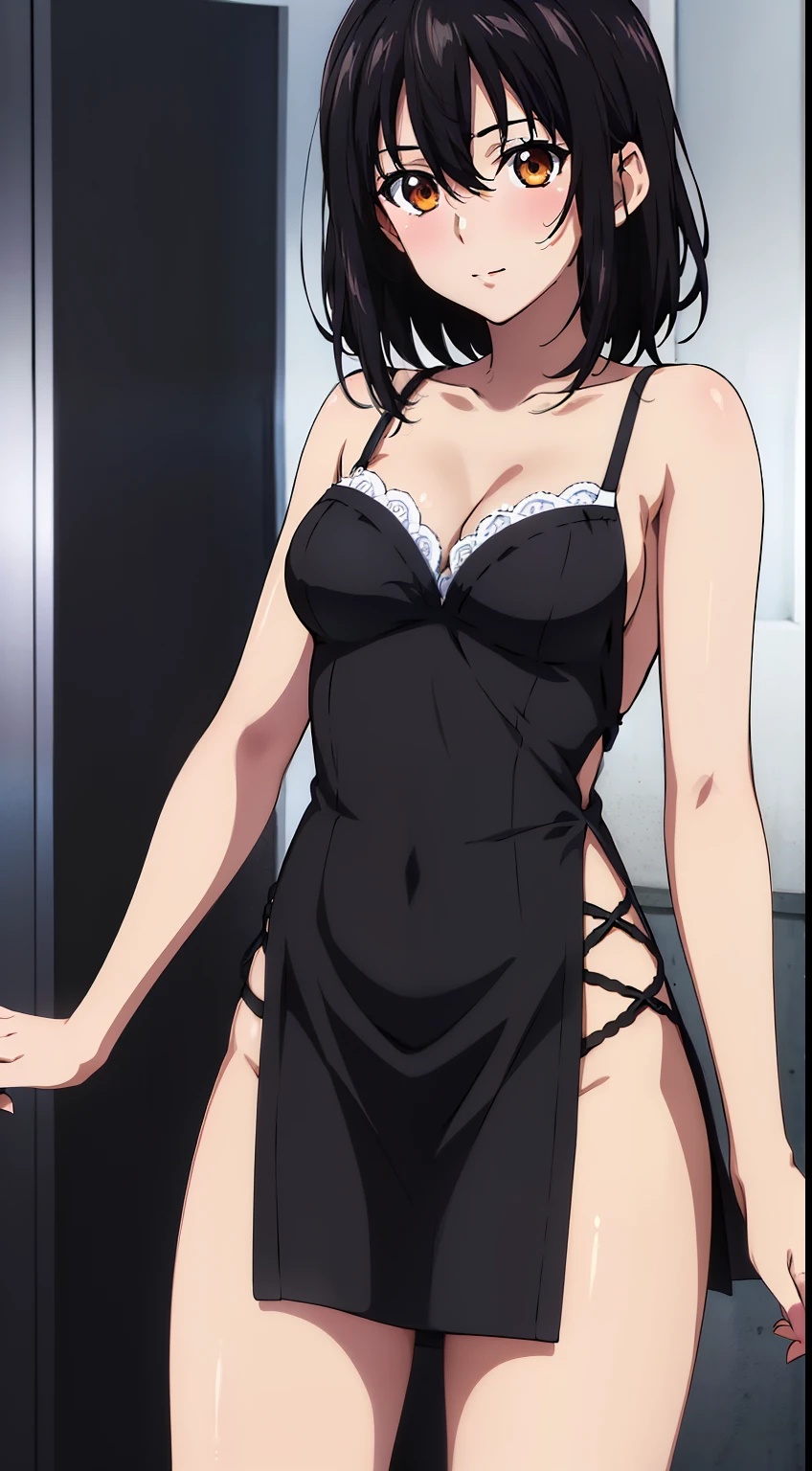 masterpiece, highest quality, 1 girl, himeragi yukina, brown eyes, black hair, hair between eyes, medium hair, small breasts, ((China dress)),looking at the viewer,in the center of the image,１with people,