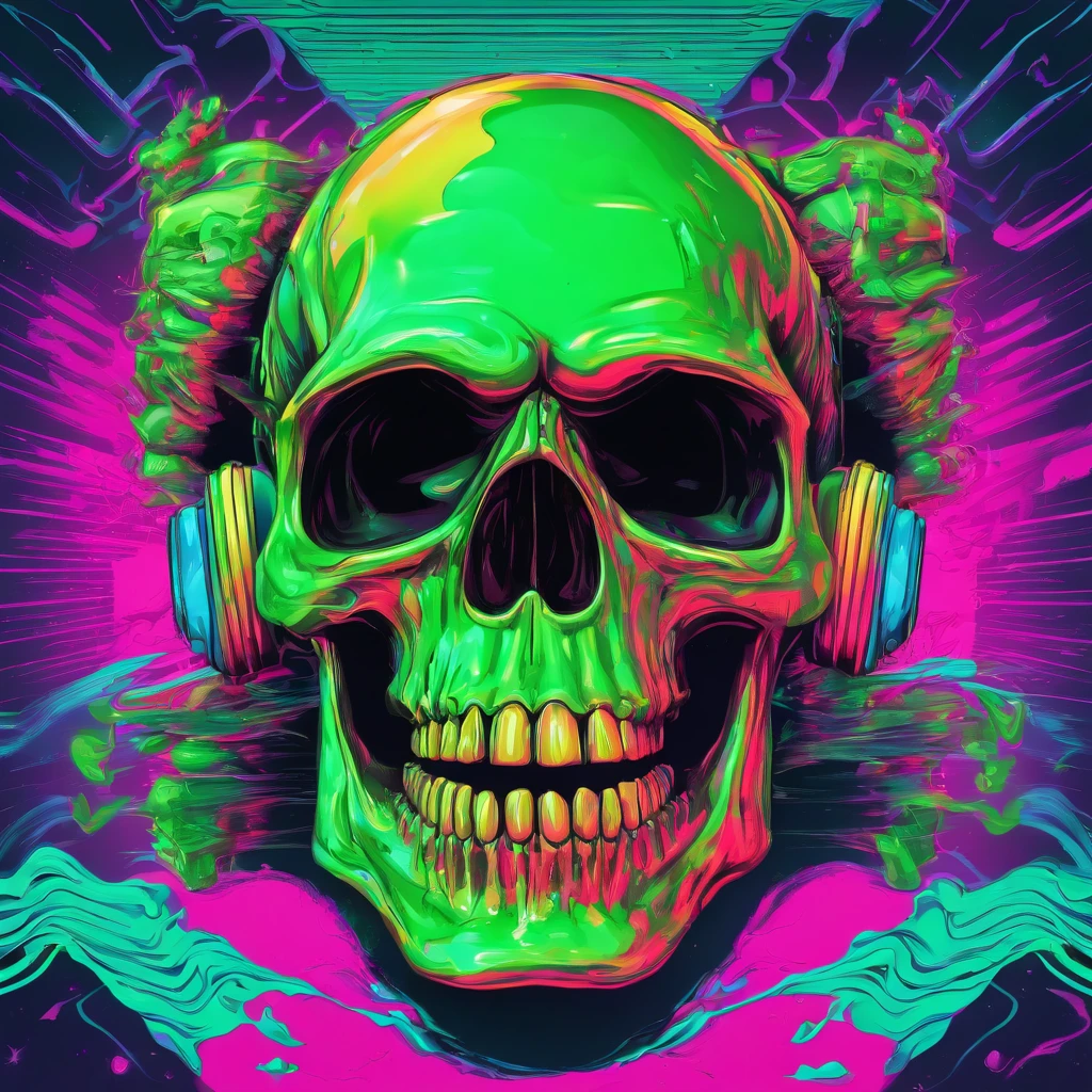 a skull with headphones and a rainbow background, skull liminal void background, background artwork, skull design for a rock band, dark psychedelia style, psychedelic black light style, dark neon punk, psytrance artwork, music is life, psychedelic hip-hop, psychedelic style, headphones dj rave, neon color bleed, cover art, psychedelic hip hop, psychedelic black light