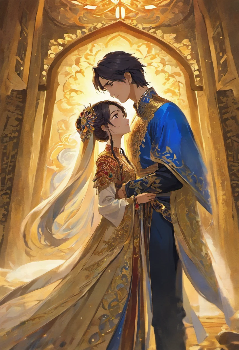 An intimate encounter between a man and a woman unfolds in a heartwarming and enchanting scene.。The stage is、steppe of central asia。The banks of the great river sparkling in the sunlight。Fantastic and majestic continental scenery。Creates a romantic atmosphere。 They stand facing each other,。their heights are different from each other。 emphasizes their unique physical characteristics。 That man is his height,Has dark hair that frames his striking face。The man is the crown prince of a steppe nomadic empire.。The man was wearing an ultramarine costume.、It is decorated with intricate golden embroidery.。A woman is a civilian in the oasis and is wearing Uyghur national costume.。The woman is delicate and .。Show off your radiant beauty with flowing, brightly colored hair. Their lips meet in a passionate kiss。 their pure love、Emphasis is placed on transcending class and culture.。 This magical moment captures the essence of their love,。evokes a feeling of sweetness and enchantment。symbolism、Impressionism、romantic、Persian miniature、Reminiscent of the style of Alma Tadema and Gustave Moreau、delicate、beautiful、It has an exotic, luxurious and profound charm.