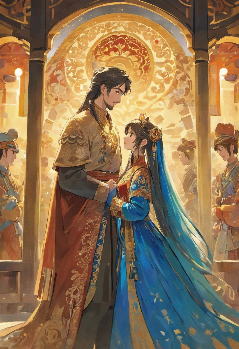 An intimate encounter between a man and a woman unfolds in a heartwarming and enchanting scene.。The stage is、steppe of central asia。The banks of the great river sparkling in the sunlight。Fantastic and majestic continental scenery。Creates a romantic atmosphere。 They stand facing each other,。their heights are different from each other。 emphasizes their unique physical characteristics。 That man is his height,Has dark hair that frames his striking face。The man is the crown prince of a steppe nomadic empire.。The man was wearing an ultramarine costume.、It is decorated with intricate golden embroidery.。A woman is a civilian in the oasis and is wearing Uyghur national costume.。The woman is delicate and .。Show off your radiant beauty with flowing, brightly colored hair. Their lips meet in a passionate kiss。 their pure love、Emphasis is placed on transcending class and culture.。 This magical moment captures the essence of their love,。evokes a feeling of sweetness and enchantment。symbolism、Impressionism、romantic、Persian miniature、Reminiscent of the style of Alma Tadema and Gustave Moreau、delicate、beautiful、It has an exotic, luxurious and profound charm.