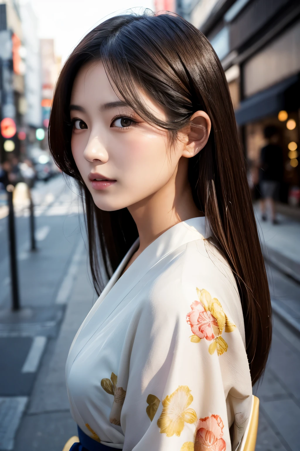 Beautiful Japanese supermodel woman, A lock of hair with slight highlights, black eyes, Sexy,street background,Gorgeous kimono , Liquid color flows across her face, Shooting against the light,Perfect facial lighting,mixed media,Face to the right