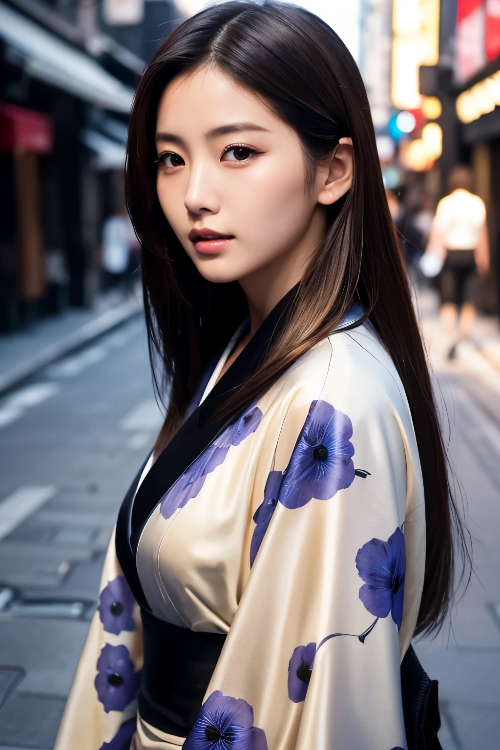 Beautiful Japanese supermodel woman, A lock of hair with slight highlights, black eyes, Sexy，street background，Gorgeous kimono , Liquid color flows across her face, Shooting against the light，Perfect facial lighting，mixed media,Face to the right
