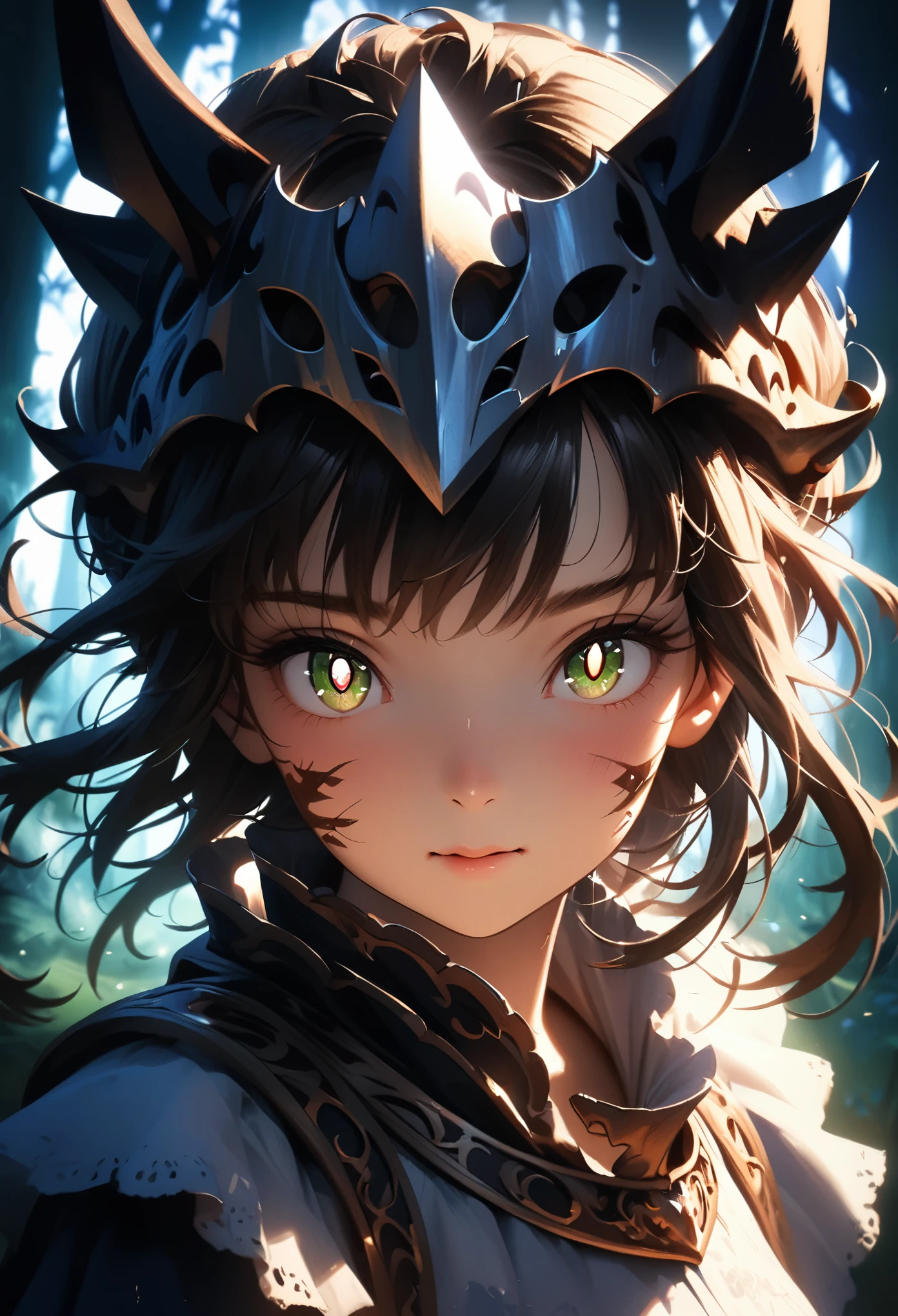 portrait, 1girl, warrior knight costume, adventurer, (at magical forest:1.5), front view, detailed facial features, sharp focus, professional lighting, subtle colors, traditional art style, (expressive eyes, curious expression:1.5), delicate brushstrokes, thought-provoking,emotive, subtle lighting, soft shadows, (side view:1.4), looking at viewer, full body, (dynamic pose)