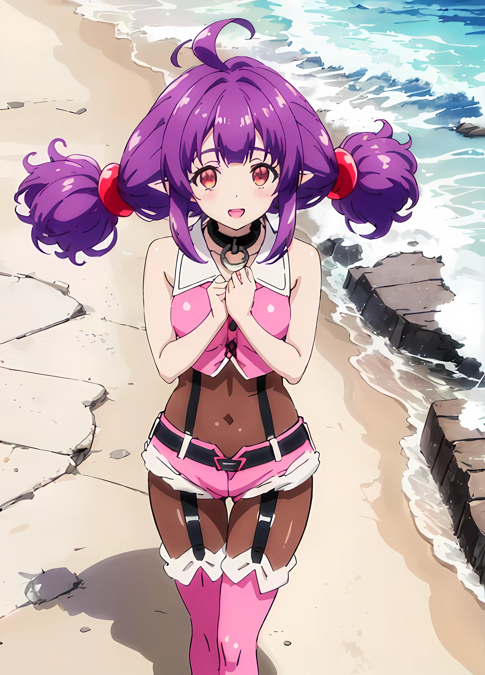 (short:1.4), (sherry:1.6), a woman on an island beach, cute pose, official anime artwork, official artwork, anime moe artstyle, dreamy psychedelic anime, anime wallaper, anime visual of a cute girl, official art, fanart, masterpiece, best quality, high resolution, 8K, 4K, looking at viewer, large breasts, ass, smile edgYSD, collar, (dark brown leggings:1.5), (dark brown tights bodysuit:1.6), (purple hair:1.4), multiple ahoge, (dark red-gold eyes:1.2), gold eye accent, (hair_ornament:1.4), twin-tails, hair_tie, 1 girl, young female, beautiful finger, beautiful very long legs, beautiful body, beautiful nose, beautiful character design, perfect eyes, perfect face, expressive eyes, perfect lighting, shiny skin, nsfw, flushed skin, blushing face, lewd smile, slightly open mouth, gravure, pinup, very long legs, long thin pointy ears, (all visible leg skin covered by tights:1.2), (all visible stomach skin covered by tights bodysuit:1.4), (all visible hips skin covered by tights bodysuit:1.4), arms completely visible, (arms showing skin:1.2), japanese skin, (solid colors:1.4), lidded eyes, dark red-gold eyes, (pink short shorts:1.6), (pink sleeveless buttoned top:1.6), (pink outfit:1.2), (white trim:1.8), (white lapel:1.4), (thigh-high pink boots with white lapel:1.9), (black belt:1.2), (black garterbelts:1.8), (black garterbelts connecting boots to shorts:1.4), (boots pulled up by bootstraps:1.4), (bright sunny day on the beach:1.4), waves, almost clear skies, sunny, trees, island plants, seashells, shoreline, top of pink boots are long white folded fabric with the bootstrap connected to the white part of the boots going above them