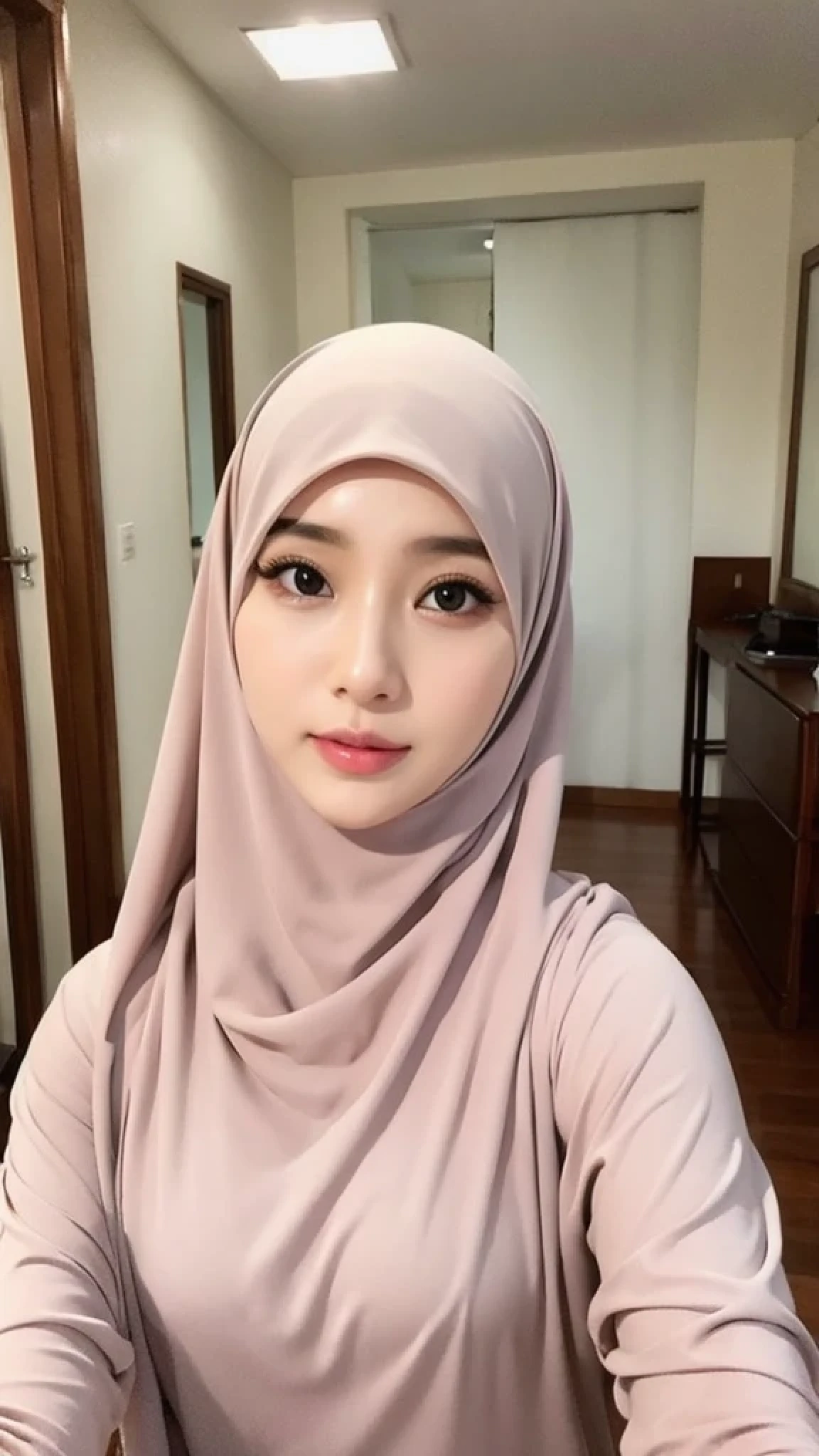 Beautuful Women、hijab, indonesian, realistic, a room、selfee、White Room、The face is cute、Vanrak Ayyans appears. beautiful、alone