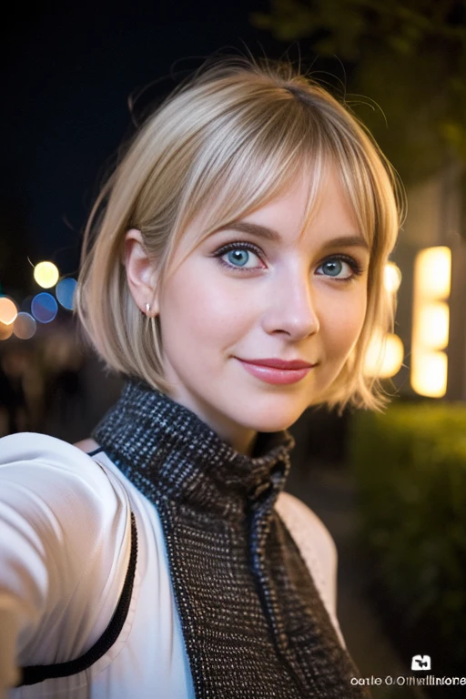 (Selfie, plan: 1.4), (Right half of the body: 1.4), RAW UHD portrait photo of a 24 year old blonde European woman (Femme aux yeux bleus) marcher dans une ruelle sombre, Halloween Costume, Ville la nuit, (rocher), (encolure), specifics (tissu! , cheveux! , briller, couleur!! , disadvantages: 1.1), Bright eyes with a high level of detail (staring into the camera), SLR lighting, Appareil photo reflex mono-objectif, ultra quality, re sharpness, profondeur de champ, Filmkorn (milieu), Fujifilm XT3, Limpide, Rahmenmitte, beau visage, mise au point nette, street lamp, Neonbeleuchtung, Bokeh (dimly lit), Nuit, (Ciel nocturne), detailed skin pores, peau grasse, coup de soleil, intricate eye details, corps entier entier, gros seins, souriante, flirts with the camera, Dressed in a halloween costume, photo Halloween, maquillage halloween, sourire, (Marilyn Monroe:0.2), short hair