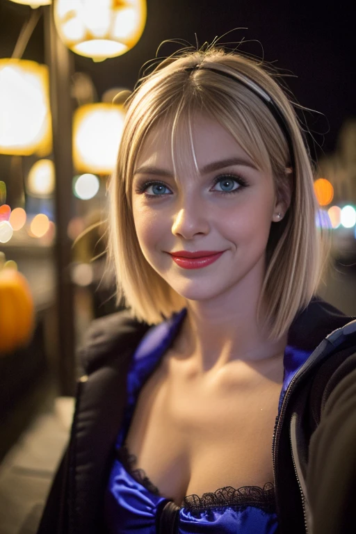 (Selfie, plan: 1.4), (Right half of the body: 1.4), RAW UHD portrait photo of a 24 year old blonde European woman (Femme aux yeux bleus) marcher dans une ruelle sombre, Halloween Costume, Ville la nuit, (rocher), (encolure), specifics (tissu! , cheveux! , briller, couleur!! , disadvantages: 1.1), Bright eyes with a high level of detail (staring into the camera), SLR lighting, Appareil photo reflex mono-objectif, ultra quality, re sharpness, profondeur de champ, Filmkorn (milieu), Fujifilm XT3, Limpide, Rahmenmitte, beau visage, mise au point nette, street lamp, Neonbeleuchtung, Bokeh (dimly lit), Nuit, (Ciel nocturne), detailed skin pores, peau grasse, coup de soleil, intricate eye details, corps entier entier, gros seins, souriante, flirts with the camera, Dressed in a halloween costume, photo Halloween, maquillage halloween, sourire, (Marilyn Monroe:0.2), short hair