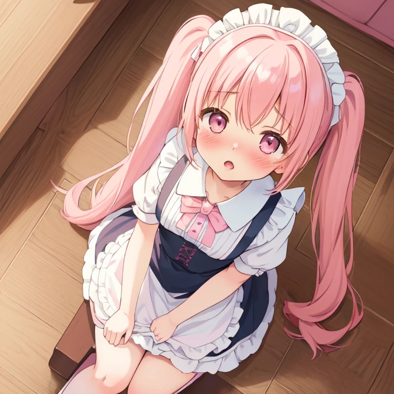 (best quality, masterpiece:1.2), illustrations, a cute girl, , very lovingly face, twintails, pink hair, maid wear, (blush, aroused, open mouth:1.2), kneeling on wooden floor, in front of standing viewer, (from above:1.5), over looking, in the livingroom, nsfw, (fellatio:1.2),