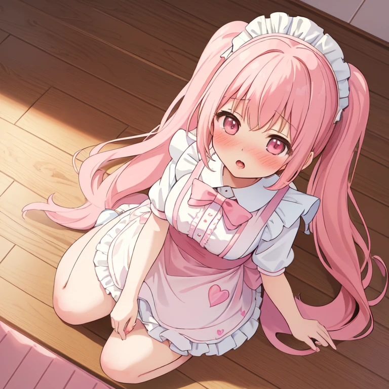 (best quality, masterpiece:1.2), illustrations, a cute girl, early teens, very lovingly face, twintails, pink hair, maid wear, (blush, aroused, open mouth:1.2), kneeling on wooden floor, in front of standing viewer, (from above:1.5), over looking, in the livingroom, nsfw, (fellatio:1.2),