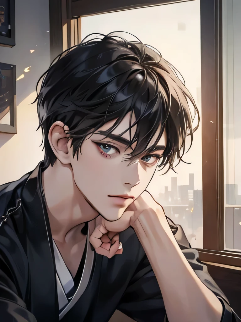 (A close up of a person sitting on a window sill, immerse yourself in the intricacies of this scene, trending on pixiv, shin hanga, male anime style, in an anime style inspired by Yamagata Hiro's masterpiece,
(Ultra-detailed, high resolution, best quality rendition), nuanced expression etched onto his face, (anime style character) with sharp features and expressive eyes, impressive shading and finely detailed lines,
(Anime handsome man) poised perfectly, with a confident and alluring gaze, showcasing the depth and texture of his (ig studios anime style) creation, young and full of vitality