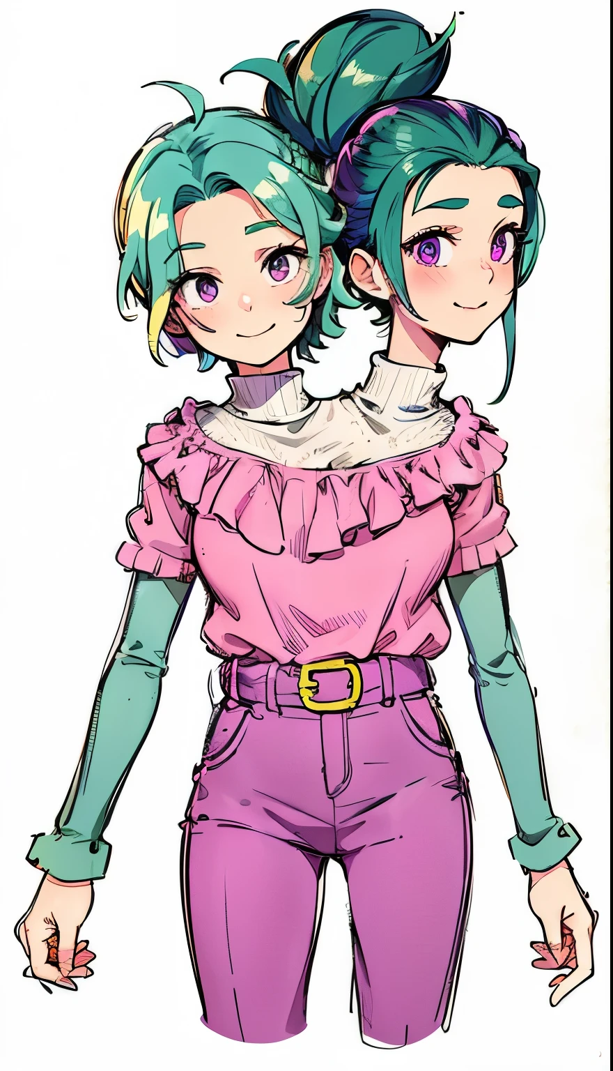 (masterpiece),(ultra-detailed), (high quality), (high resolution), (best quality:1.5, highres, UHD), highres, absurdo, ultra detail, ultra quality, ((2heads:1.5)), 1girl, Ultra resolution, 16k, best quality, 1girl, (green hair), violet eyes, high school , teenagepink turtleneck shirt (((purple outfit))), pink skirt pants, gentle smile, short