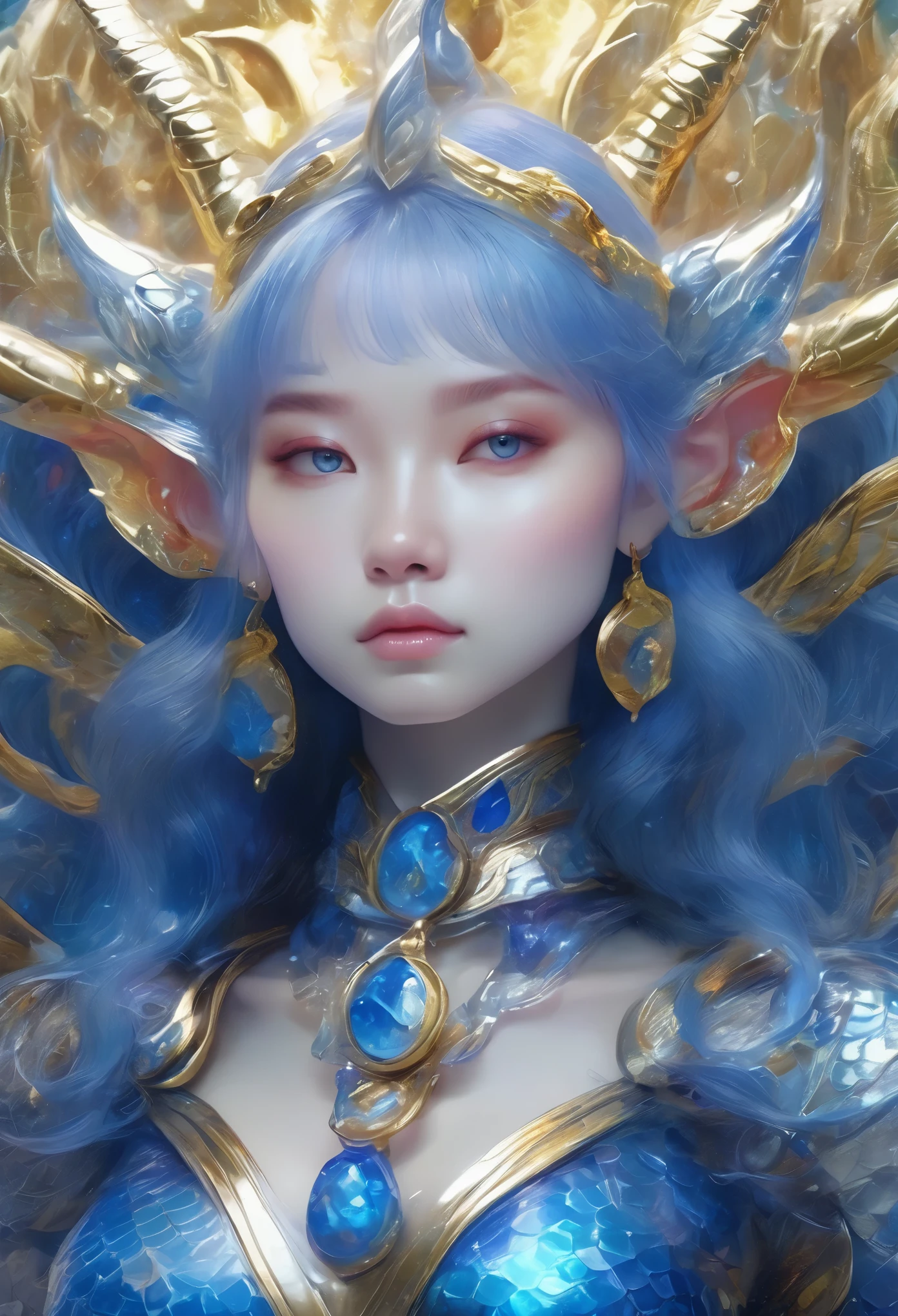 Super detailed,Super realistic,detail,close up,dragon girl,In the center of the universe,blue,Silver scales,Gold texture,pattern,glass texture