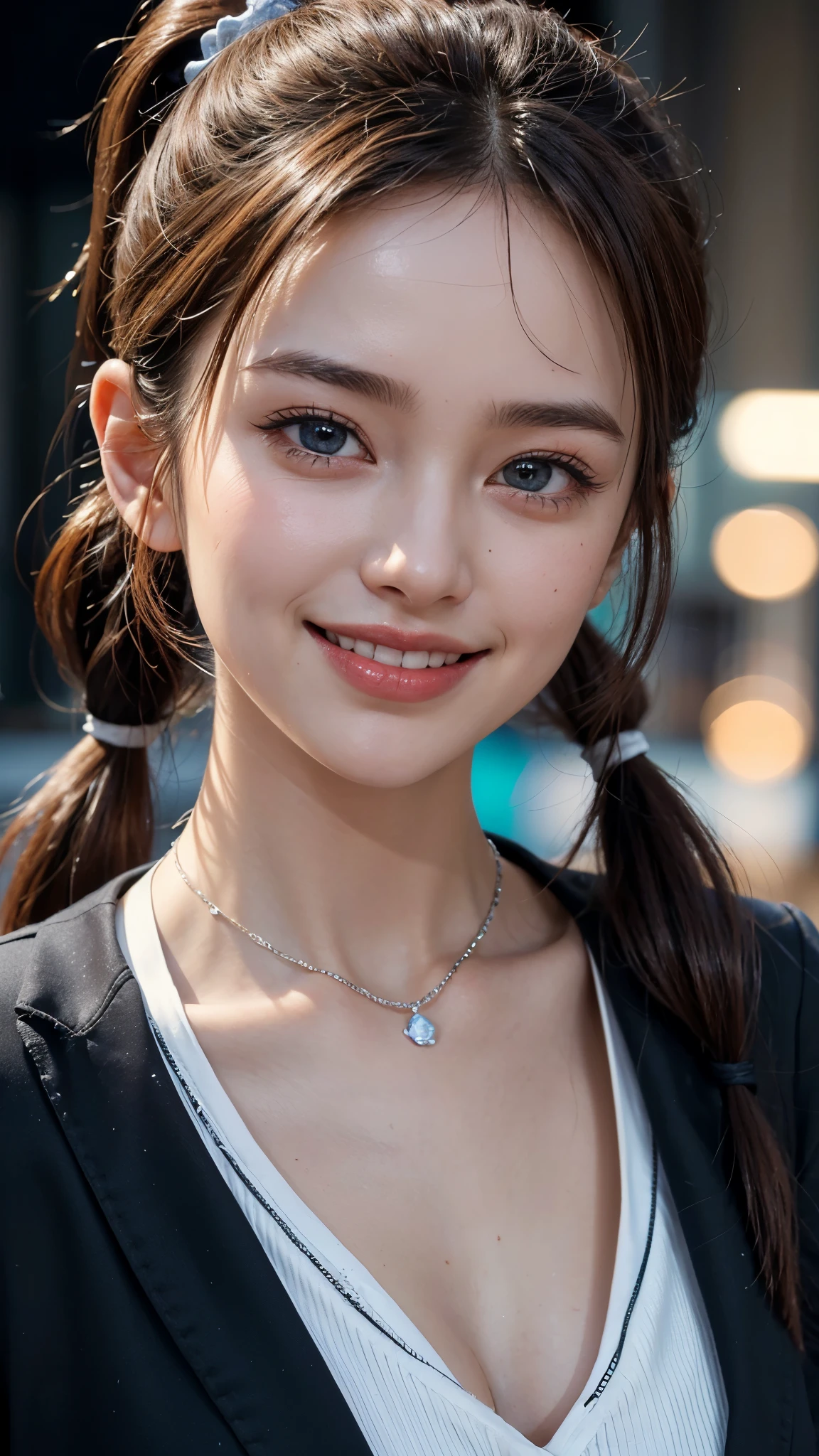 cute 26 year old,1 girl,slim face ,8K,Super realistic image quality,dynamic shadow,sparkling eyes,((Clear black eyes))clear pale blue eyes,movie theater lighting,((dark back alley)),((City lights)),night,Darkness of the city,suit,necklace, ((face close up:1.25)),((A smile showing white teeth)),((Open mouth and smile happily)),((Chestnut ponytail and scrunchie)),close, 8K, Raw photo, highest quality, masterpiece,realistic, photo-realistic,