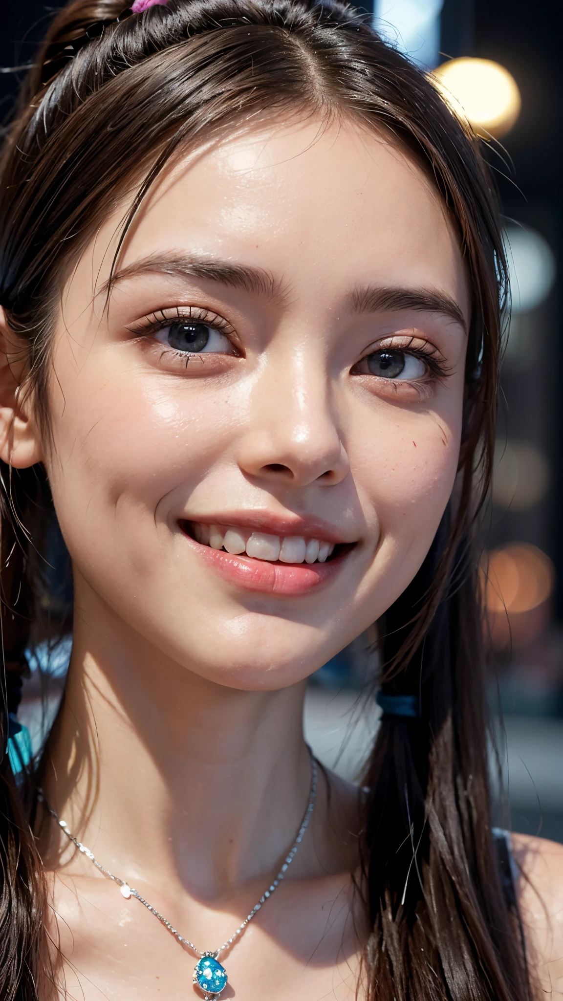 cute 26 year old,1 girl,slim face ,8K,Super realistic image quality,dynamic shadow,sparkling eyes,((Clear black eyes))clear pale blue eyes,movie theater lighting,((dark back alley)),((City lights)),night,Darkness of the city,suit,necklace, ((face close up:1.25)),((A smile showing white teeth)),((Open mouth and smile happily)),((Chestnut ponytail and scrunchie)),close, 8K, Raw photo, highest quality, masterpiece,realistic, photo-realistic,