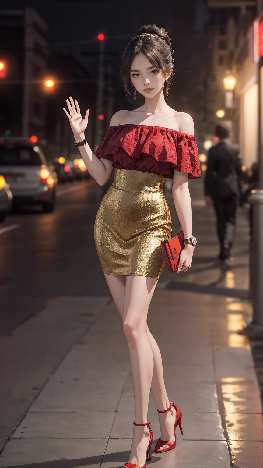 ((最high quality, 8K, masterpiece: 1.3, Ultra HD, high quality, 最high quality, High resolution, realism)) 、(high color saturation:1.0), (highly detailed skin), (最high quality:1.0), (超High resolution:1.0) ,(realistic:1.0), (Super detailed:1.0), (8K, Raw photo:1.1), slender、Slender, muscular body that's toned like an athlete's、Wear an off-the-shoulder bodycon top、wear a watch、Wear high heels、have a clutch bag、Standing on the red carpet in front of the party venue、Upstyle your hair、smile、wave hands