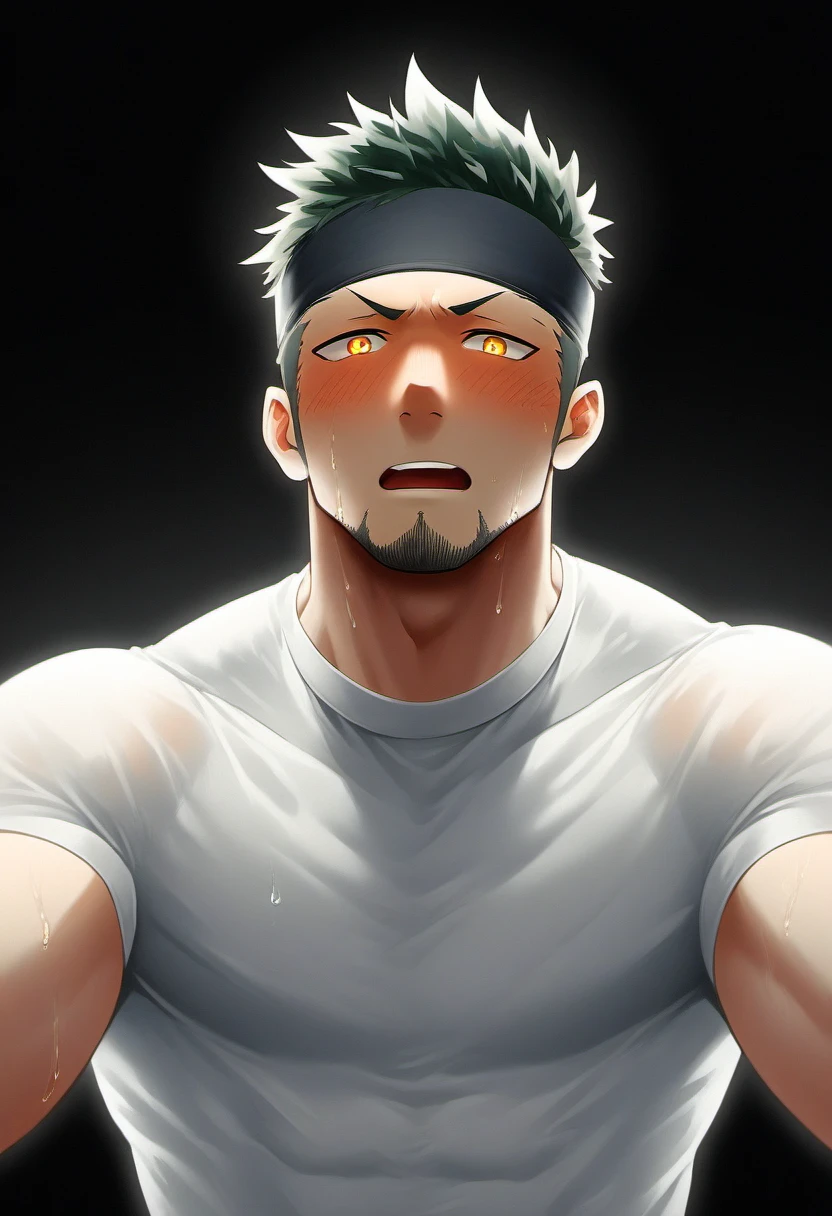 anime characters：priapus, 1 young muscular man, male focus, Sporty black headband, Off-white high collar tight T-shirt, Slightly transparent, Sweat soaked tights, muscular male, muscular, bara, Upper body, alone, white short hair, stubble, yellow eyes, Delicate and perfect eyes, blink, black background, Simple background, amazing quality, best aesthetics, ridiculous, bright pupils, short hair, open lips, blush, shy, full blush, endured face, saliva, from below, best quality