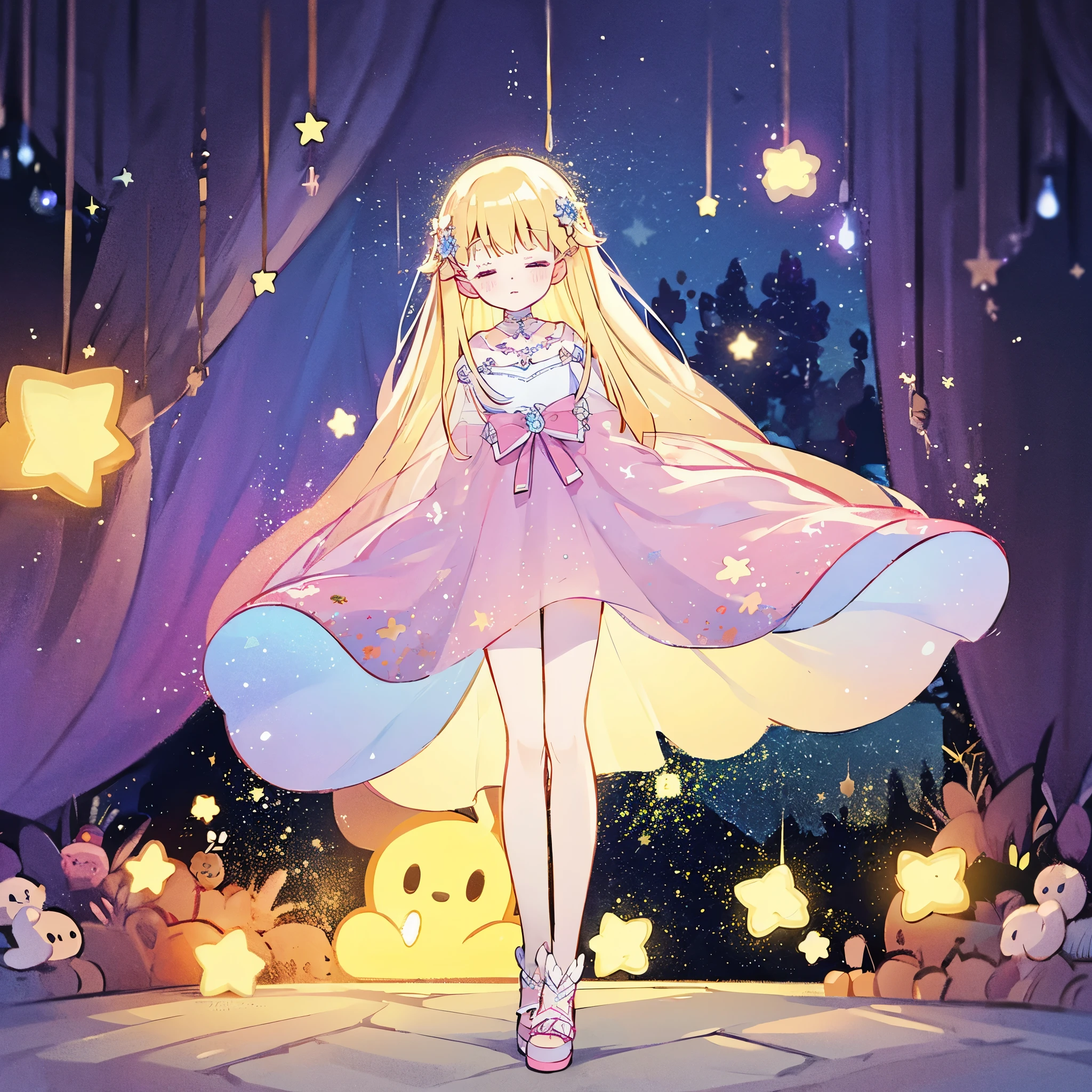 complex background, wishing star background, a woman wearing an ethereal mystical pink translucent dress that reflects the stars, perfume promo art, mystic, complex drawing, highly detailed, Covergirl brand, promo art, artistic rendition, ethereal, starry night, midjourney style