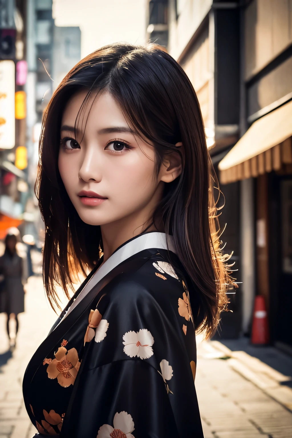 Beautiful Japanese supermodel woman, A lock of hair with slight highlights, black eyes, Sexy,street background,Gorgeous kimono , Liquid color flows across her face, Shooting against the light,Perfect facial lighting,mixed media,Face to the right