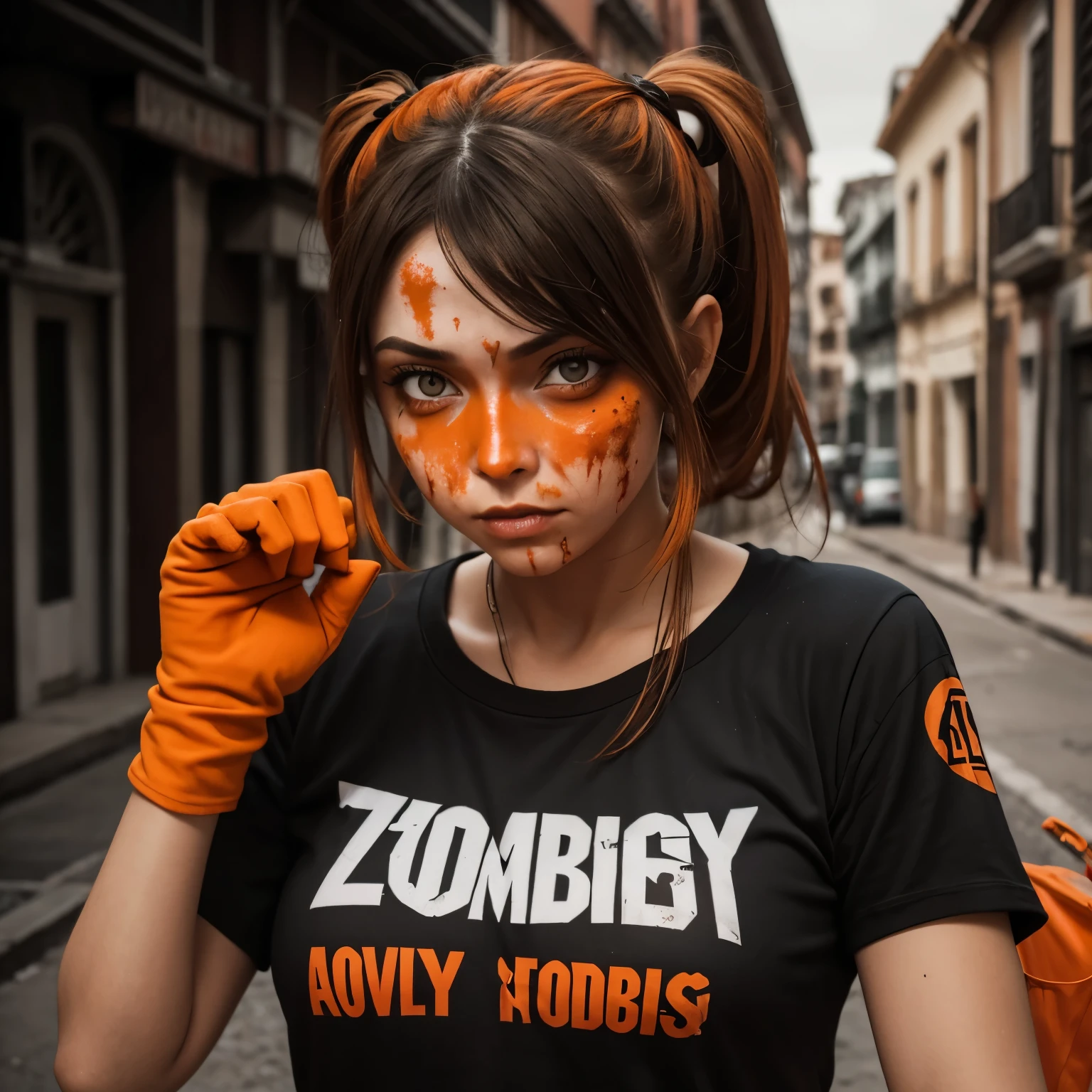 Una chica de pelo naranja y una camiseta blanca  y chorts en un apocalitsis zombiey ojos de color rojo con guantes negros