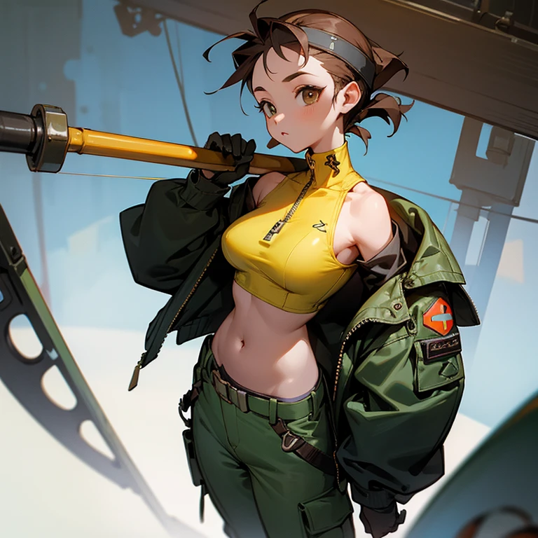 young girl、thin、modest chest、Goggles on foreheadをつけている、small ass、A thin and delicate mechanic girl、loose clothing、Oversized Cargo Pants、that&#39;belly button、- Front zip、high neck with zipper、Tube top、bare shoulders、turtleneck、off shoulder、Work gloves、Goggles on forehead、hold a wrench in one hand、brown skin、middle hair、thin、big breasts、cleavage、choker、low rise pants、short hair、neutral facial features、