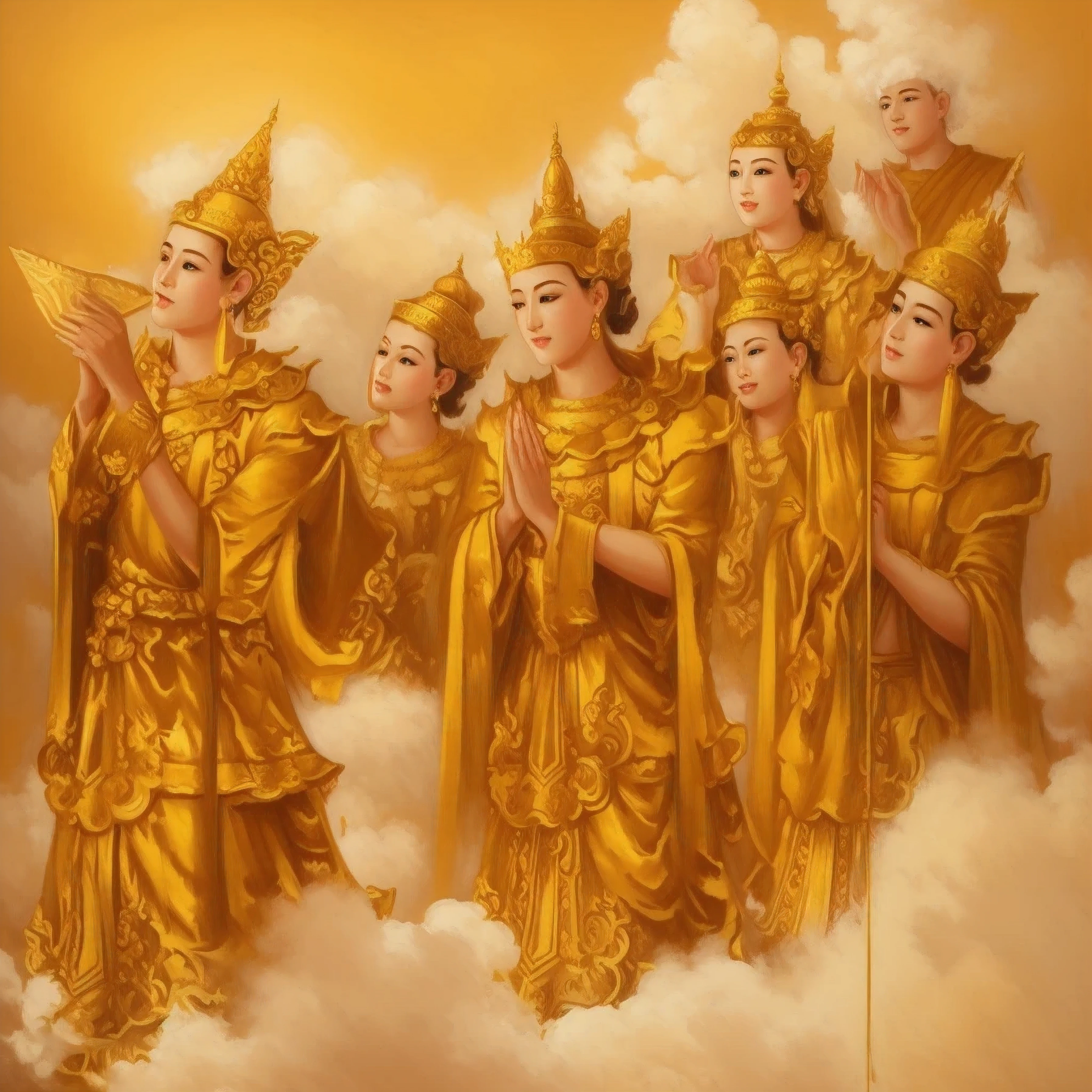 painting of a group of people in a cloud filled sky, ancient kings in white robes, thailand art, beautiful godrays, wall painting, buddhist art, religious painting, royal painting, fresco painting, temple background, celebrating a king being crowned, robes with golden characters, wearing flowing robes, beautiful depiction, patiphan sottiwilaiphong, beautiful image