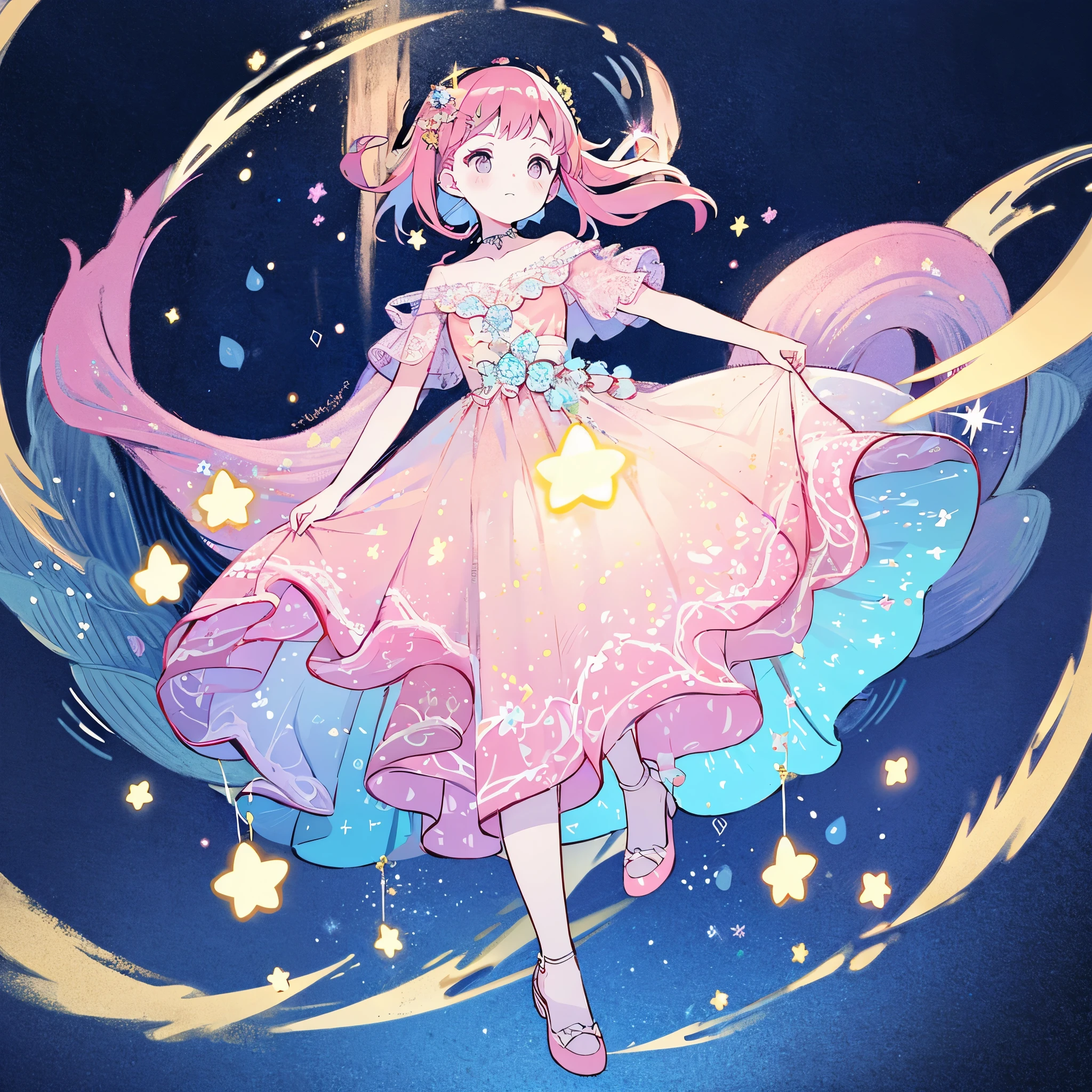 complex background, wishing star background, a woman wearing an ethereal mystical pink translucent dress that reflects the stars, perfume promo art, mystic, complex drawing, highly detailed, Covergirl brand, promo art, artistic rendition, ethereal, starry night, midjourney style