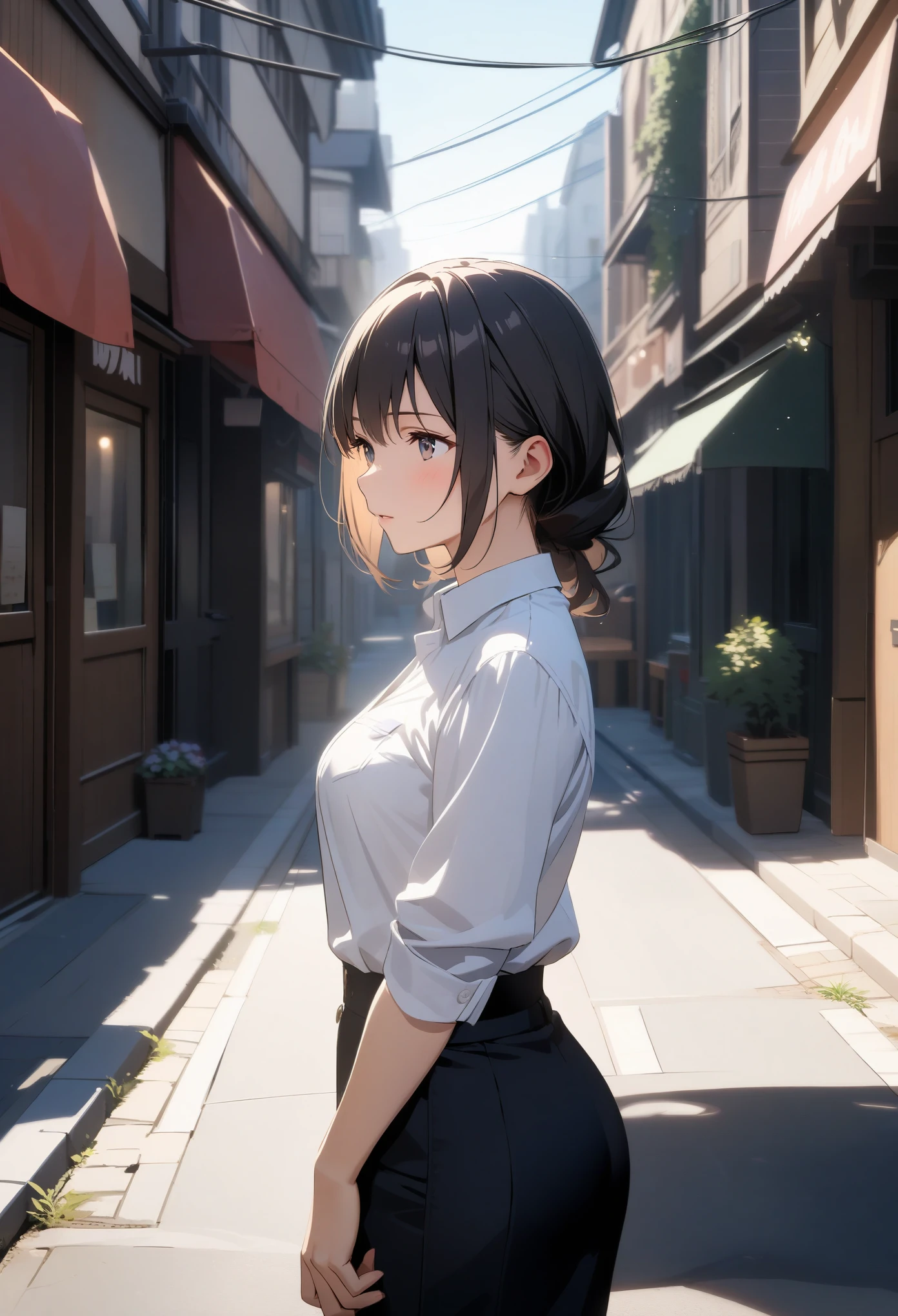 Global Illumination Rendering,1 beauty,black hair,A white collared blue shirt,lace,outdoor,street view,sunshine,clear sky,best picture quality,high quality,(Tall and firm breasts)