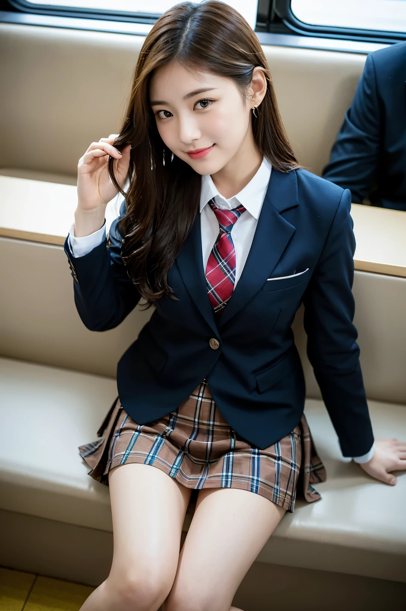 (8K), (highest quality: 1.2), (realistic), (realistic: 1.37), ultra high resolution, 1 girl, cute, smile, closed mouth, beautiful details, beautiful nose, wet hair, giant dulcefo, pork, thighs，Self snap,University Student Uniform,Sitting on a Tokyo train,simple blazer,pleated skirt,(The pattern of the skirt and tie is a tartan check pattern..:1.3),cross your legs, From above,thighs