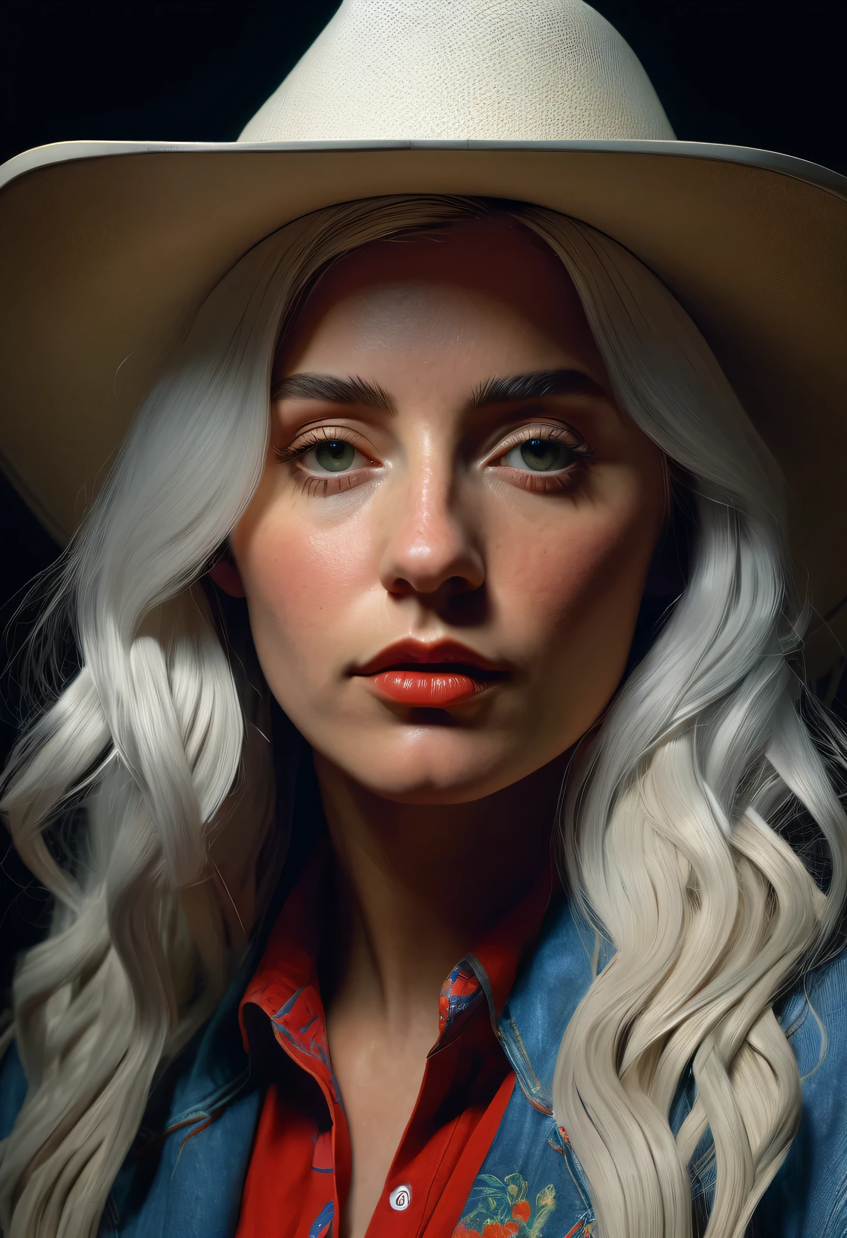 Hyperrealist portrait of female by david hockney and alphonse mucha,fantasy art, photo realistic, dynamic lighting, artstation, poster, volumetric lighting, very detailed faces, 4 k, award winning,, 1girl, in the dark, deep shadow, low key,cowboy shot,(official clothing:1.4) ,long hair,white hair,