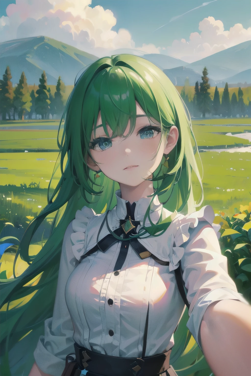 In a green meadow is a girl who leads a group of knights. BREAK With a brave expression, guides them to their destination. BREAK Behind her, A green forest extends and beyond that, Mountains rise in the distance. BREAK The most suitable effect for this scene would be a watercolor painting technique to capture the softness of the meadow and the fluidity of movement.. ,((detailed)), ((high quality)),((well structured)),((anatomically correct)),((good composition)), ((good perspective)),((masterpiece)), ( ( detailed outline)),((extremely detailed)),((digital art)), digital illustration, ((well-proportioned bodies)), high resolution, high definition, full definition, full resolution, detailed face, 4k,HD, Sharp,perfect,depth,with depth,sharp focus,Depth of field