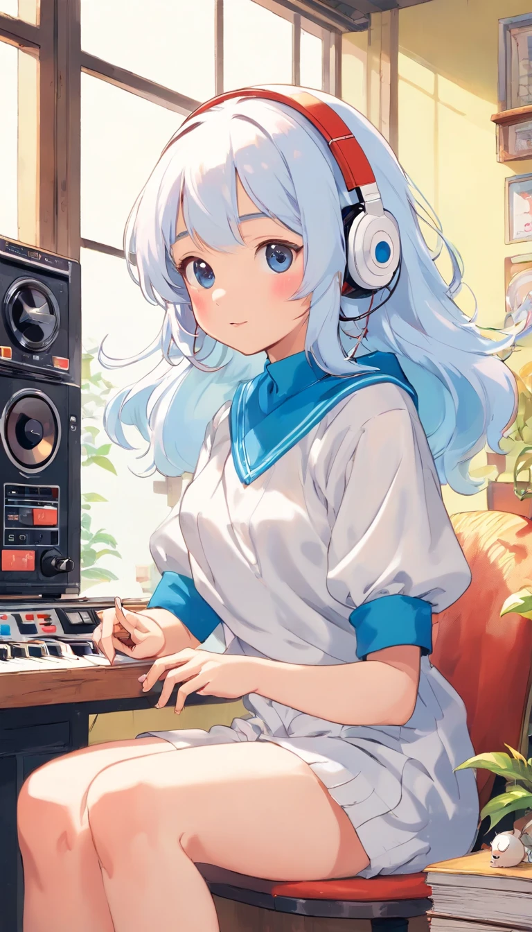 (masterpiece, highest quality), 8K,  4k, 8K, Super detailed, beautiful images, clear image, perfect face, perfect lines, perfect eyes, soft lighting, (((Girl&#39;s UP)))、(((The girl's face is well visible)))、make many round chicks、((12 years old))、(((cassette tape、radio cassette player、record)))、cute beautiful girl、((Listening to music with headphones on))、machine、Note、computer、light bulb、window、Chair、curtain、retro、(((80s))) Neon color、pastel colour、((blue and white room))、Polka dot pattern、lemon、80'sパターン、round pattern、square pattern、Cartoon screentones、Dot pattern is applied from above、cooking、chick chick、Cotton candy、candy、(((Get into a rhythm))), (((lofi-art))), Cute white fur ball creature、(((The structure and balance of the face of the human body, objects, and living things are well-balanced without any discomfort.))), (((the fingers of the hand５Book))), (((beautiful and well-shaped body)))、(((Cute and beautiful face)))、Ramune Ramune Ramune、summer