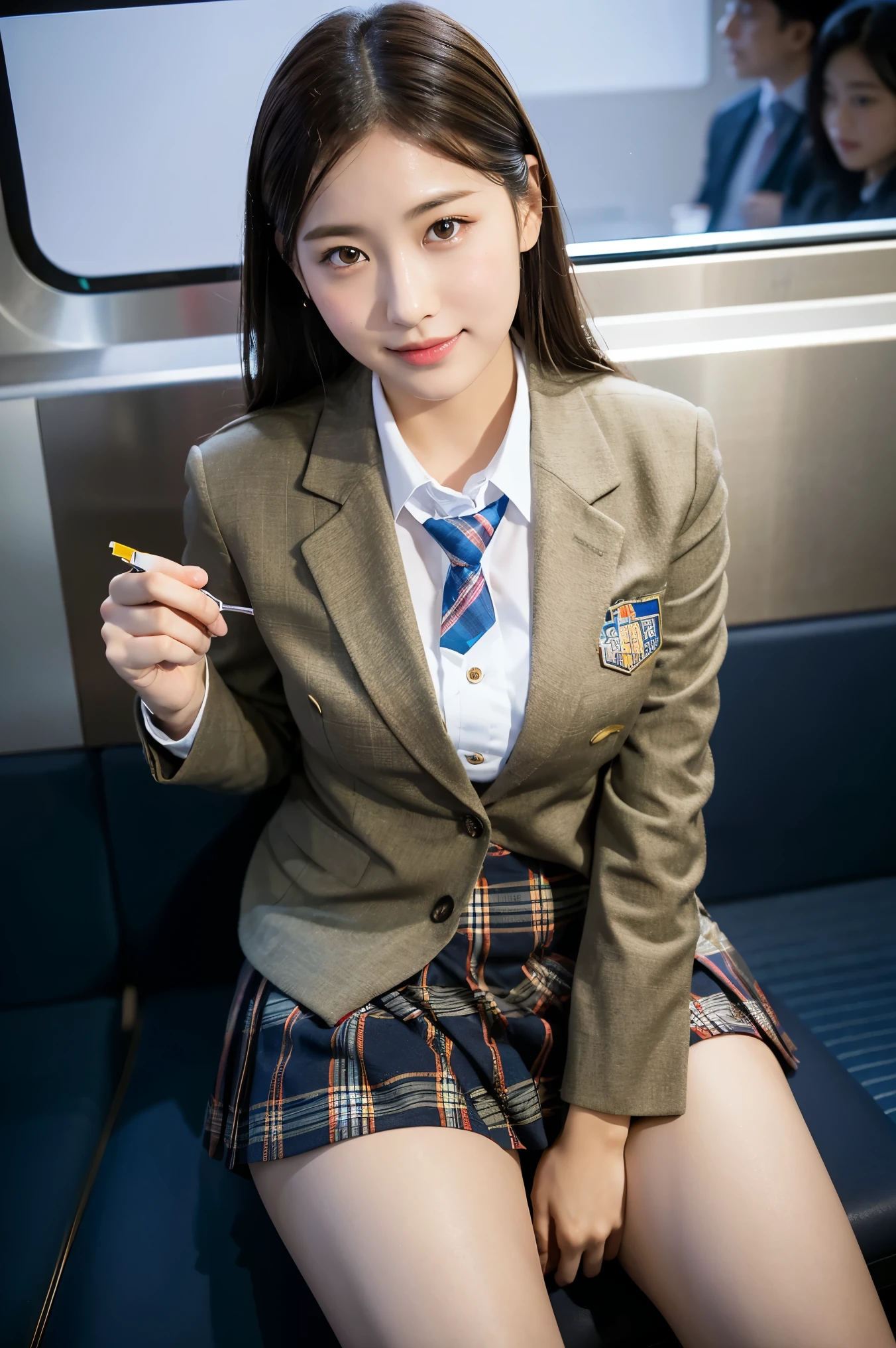 (8K), (highest quality: 1.2), (realistic), (realistic: 1.37), ultra high resolution, 1 girl, cute, smile, closed mouth, beautiful details, beautiful nose, wet hair, giant dulcefo, pork, thighs,Self snap,University Student Uniform,Sitting on a Tokyo train,simple blazer,pleated skirt,(The pattern of the skirt and tie is a tartan check pattern..:1.3),cross your legs, From above,thighs