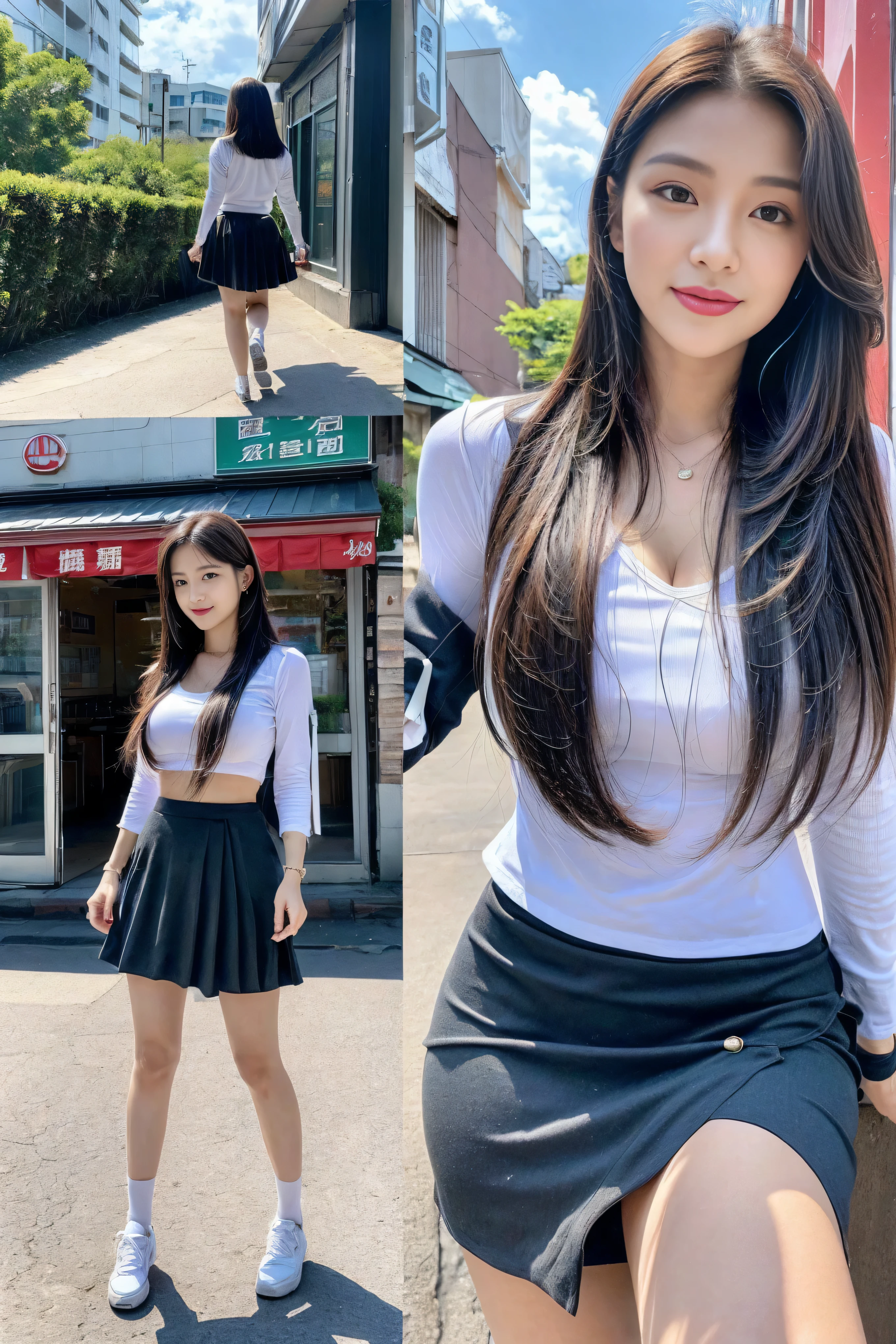 (quality),8K,(masterpiece:1.3),(1 girl:1.3),(In the name of Mina),Beautiful of Korean girl, kpop idol，beauty of woman与完美of身材:1.4,（Vest line，muscular hands:1.2），((layered hairstyle, medium breasts:1.2)), ((view viewer)),(A brilliant smile:1.3),（big ass），actual of,high resolution,Highly detailed facial and skin textures,Reality of face,RAW photos,((Pretty face:1.5)),(beauty of woman:1.4),Perfect body example,,((Very rich facial details)),Attention to detail,double eyelids,eye shadow enhancement,Eye for details,professional lighting,Cinema Light Optics,sharp focus,((sporty style)),((Optics, Bright colors、Fit of T-shirt，short skirt,((Lively,positive of,Livelyof thighs)),(of:1.3),Ultra-thin sports bar，hip-covering skirt，There are on the street，