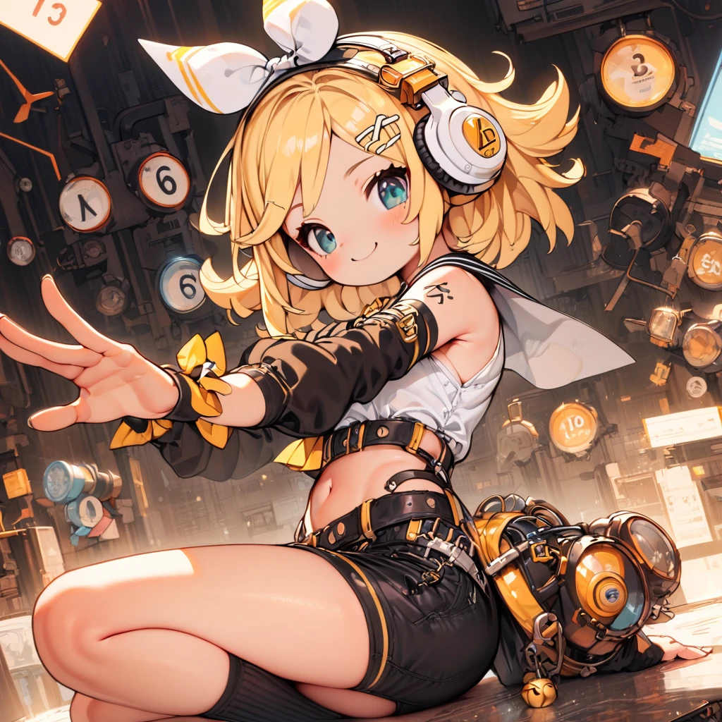 #quality(8K,best quality, masterpiece,Super detailed),solo,KAGAMINE RIN\(vocaloid\),#1 girl(cute,cute,small ,Kagamine rin,blond hair, short hair, Tattoo of numbers, bow,sleeveless white shirt,black arm bell sleeves,arm sleeves are bell sleeves:1.2, belt, sailor collar, white headphones,black shorts,black leg warmers,open shoulder, very cute pose,korean idol pose,dynamic pose,cute smile),#background(many colorful Music notes ,simple,),rin is so so cute,open stomach,(open shoulder),ribbons are white