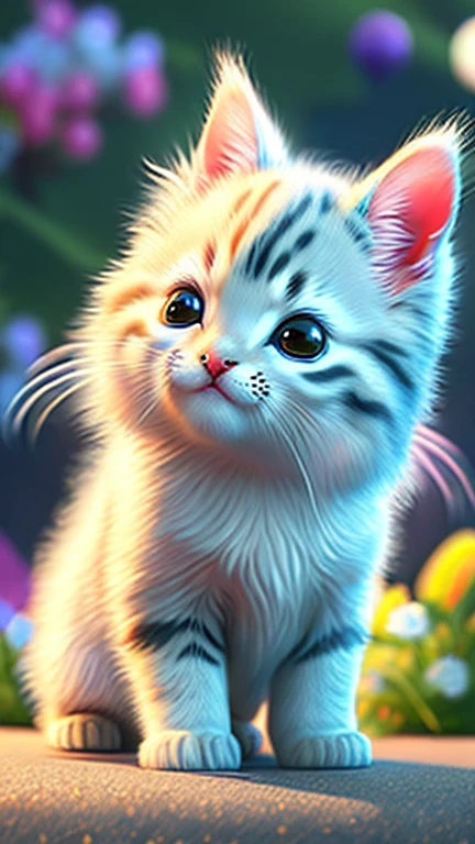 In this ultra-detailed CG art, cute kitten, rice, best quality, High resolution, intricate details, fantasy, adorable animal, open mouth, lol, Vibrant colors