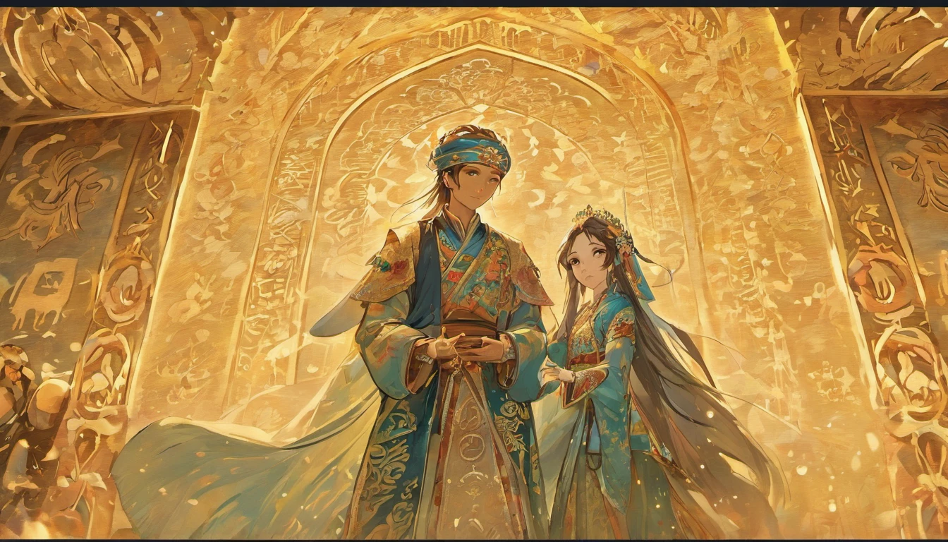 An intimate encounter between a man and a woman unfolds in a heartwarming and enchanting scene.。The stage is、steppe of central asia。The banks of the great river sparkling in the sunlight。Fantastic and majestic continental scenery。Creates a romantic atmosphere。 They stand facing each other,。their heights are different from each other。 emphasizes their unique physical characteristics。 That man is his height,Has dark hair that frames his striking face。The man is the crown prince of a steppe nomadic empire.。The man was wearing an ultramarine costume.、It is decorated with intricate golden embroidery.。A woman is a civilian in the oasis and is wearing Uyghur national costume.。The woman is delicate and .。Show off your radiant beauty with flowing, brightly colored hair. Their lips meet in a passionate kiss。 their pure love、Emphasis is placed on transcending class and culture.。 This magical moment captures the essence of their love,。evokes a feeling of sweetness and enchantment。Japanese girl manga patterns、symbolism、Impressionism、romantic、Persian miniature、Reminiscent of the style of Alma Tadema and Gustave Moreau、It has an exotic, luxurious and profound charm.。