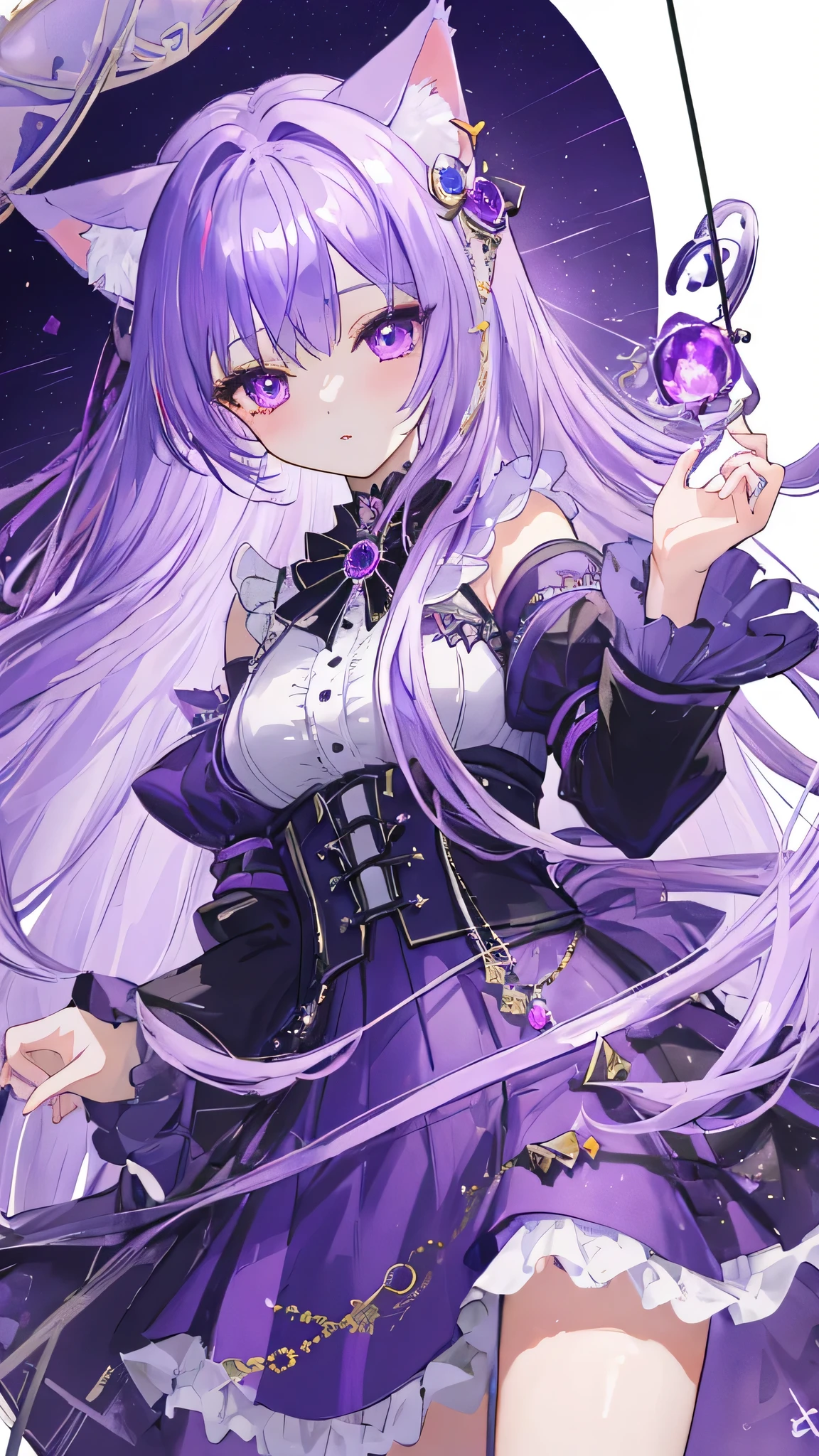 (masterpiece)、(highest quality)、(8k)、(Super detailed depiction)、Cat ears girl、light purple hair、long hair、Purple jewel-like eyes、hands tied behind one's back、Iridescent God々new light、