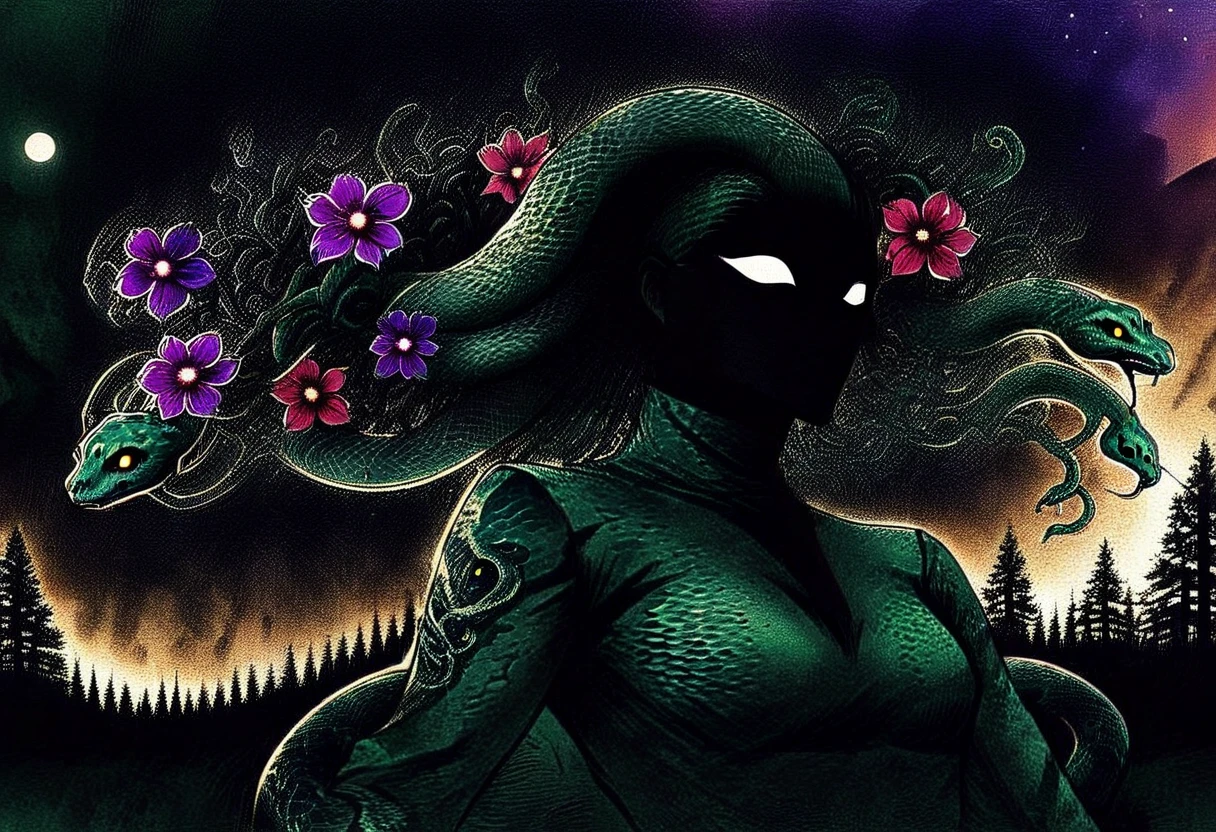 Medusa, splash page decompressed comic cover art, ink style figure, candid, snake skin dress, ((art style expressive Joelle Jones and "Sean Gordon Murphy" comic drawing)), cinematic poster double exposure, optical illusion, image within image, abyss void black no visibility darkness, full body portrait, (background, pine barrens, entropy, rewilding, magic hour sunset with galaxy stars, cosmos), (horror, abstract, surreal, body, cosmic), body drawn in Frederic Delavier musculature anatomical illustration art style, (face, ornate black metal corpse paint, resembles Grace Jones), (body, Naga, snakefolk, lower body snake tail, snake woman hybrid, bald, hairless, skeleton, snake skin tattoos, piercing eyes, snake pupils, over the shoulder), (colors, merge bleak muted deep fiery radiant glowing ROYGBIV, forest green to earth brown), craftsmanship nuance, (art style Gerardo Zaffino charcoal), subliminal orchids, nyctophobia, (wordless, single image), silhouette