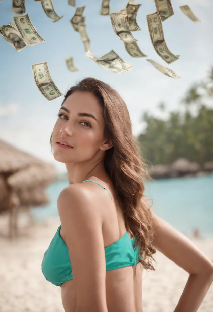 man who won the lottery, looking straight ahead, Dollars falling from the sky, There are beauties in bikinis on both sides.,