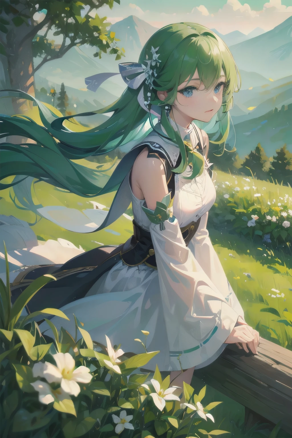 In a green meadow is a girl who leads a group of knights. BREAK With a brave expression, guides them to their destination. BREAK Behind her, A green forest extends and beyond that, Mountains rise in the distance. BREAK The most suitable effect for this scene would be a watercolor painting technique to capture the softness of the meadow and the fluidity of movement.. ,((detailed)), ((high quality)),((well structured)),((anatomically correct)),((good composition)), ((good perspective)),((masterpiece)), ( ( detailed outline)),((extremely detailed)),((digital art)), digital illustration, ((well-proportioned bodies)), high resolution, high definition, full definition, full resolution, detailed face, 4k,HD, Sharp,perfect,depth,with depth,sharp focus,Depth of field