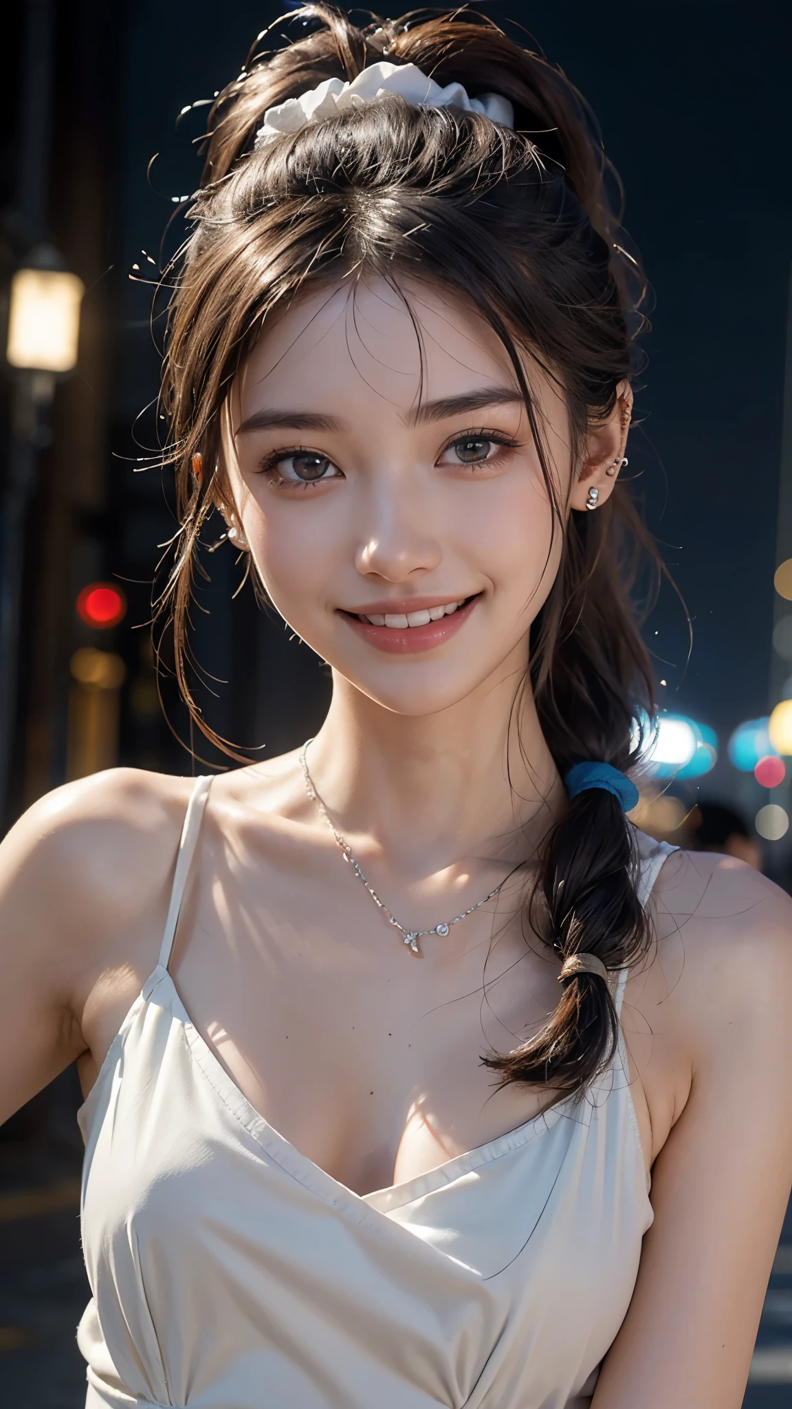 cute 18 year old,1 girl,slim face ,8K,Super realistic image quality,dynamic shadow,sparkling eyes,((Clear black eyes)),((cheerful smile)),((3 ear piercings)),asian necklace,clear pale blue eyes,movie theater lighting,((dark back alley)),((City lights)),night,Darkness of the city,suit, ((face close up:1.3)),((A smile showing white teeth)),((Open mouth and smile happily)),((Chestnut ponytail and scrunchie)),close, 8K, Raw photo, highest quality, masterpiece,realistic, photo-realistic,