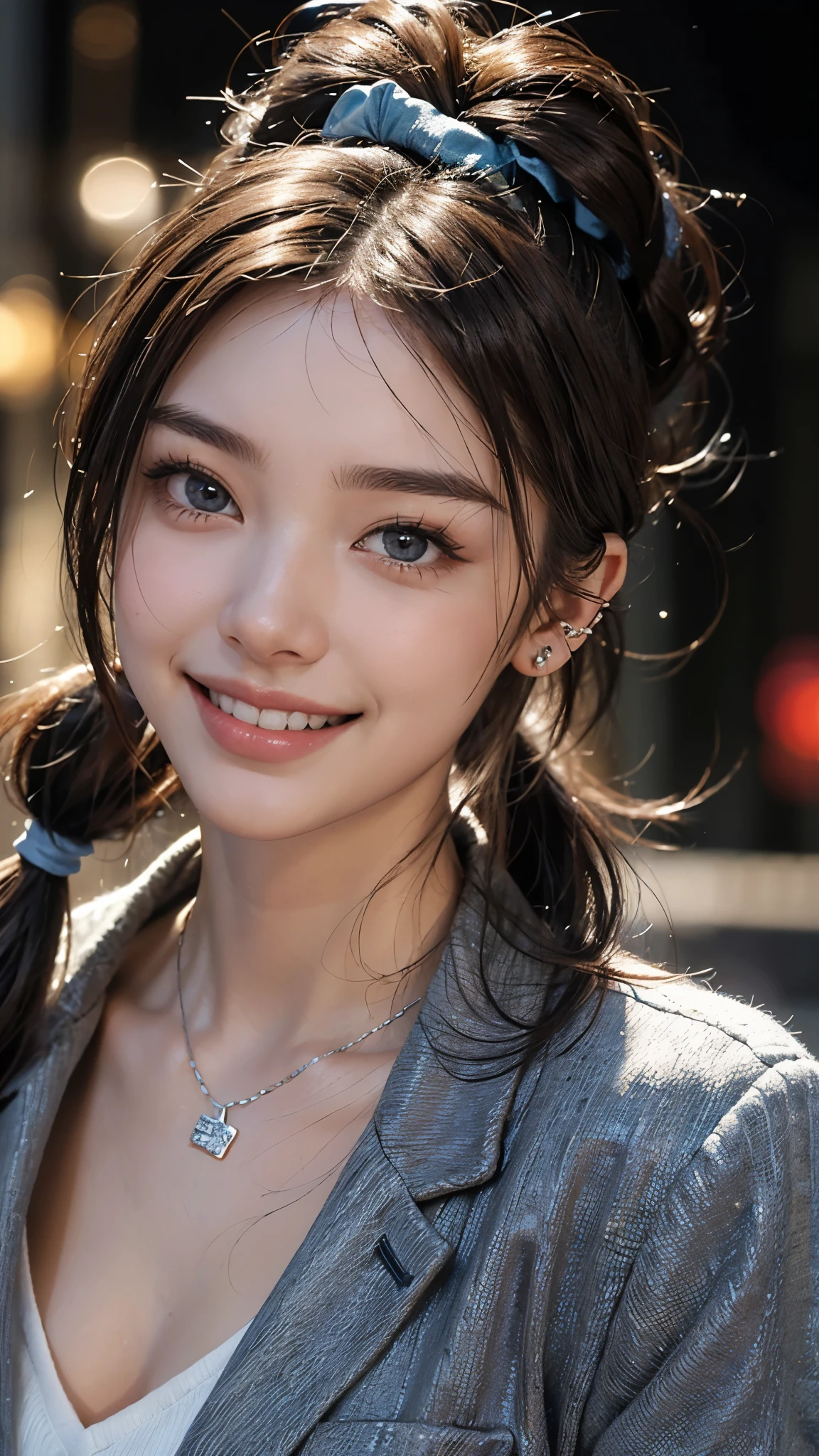 cute 18 year old,1 girl,slim face ,8K,Super realistic image quality,dynamic shadow,sparkling eyes,((Clear black eyes)),((cheerful smile)),((3 ear piercings)),asian necklace,clear pale blue eyes,movie theater lighting,((dark back alley)),((City lights)),night,Darkness of the city,suit, ((face close up:1.3)),((A smile showing white teeth)),((Open mouth and smile happily)),((Chestnut ponytail and scrunchie)),close, 8K, Raw photo, highest quality, masterpiece,realistic, photo-realistic,
