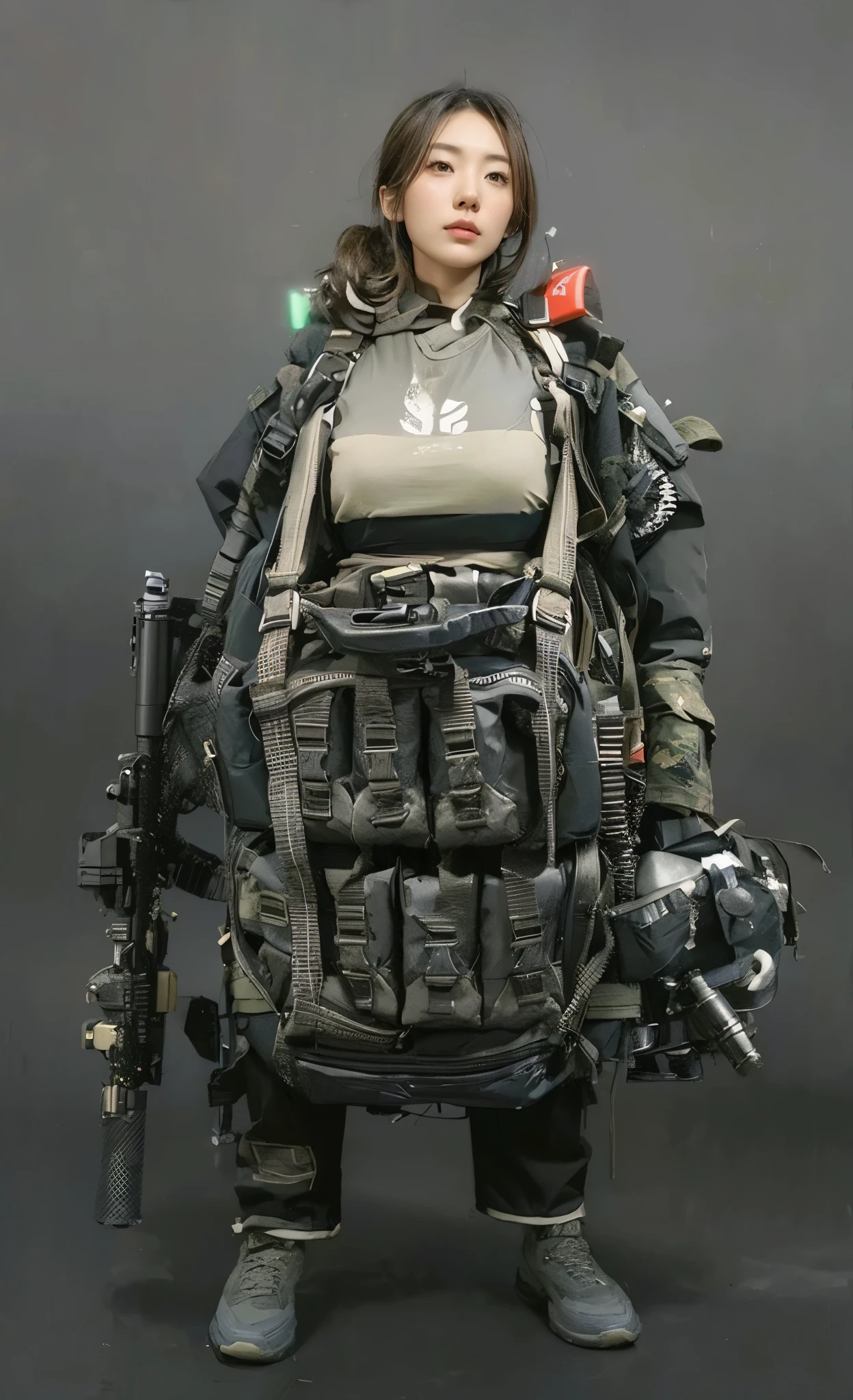 ８K,realistic photo、realistic skin texture、A beautiful Japanese woman who is a member of the U.S. military&#39;s paratroopers.、Fully equipped、Dramatic and bold composition、halo udt jumper、The backpack was attached to the front waist to carry the parachute.