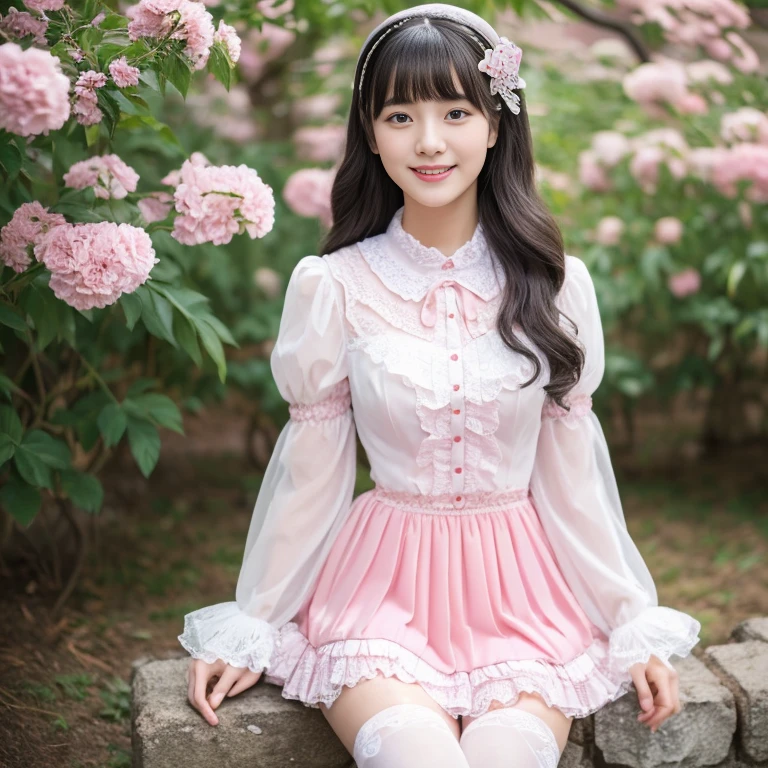 best quality, masterpiece, lifelike, 1 girl, alone, eternal, black hair, Long curly hair, blunt bangs, Smile, pink skirt, pink lolita dress, layered skirt, Lolita style long skirt,分層連衣裙 lace-trimmed 裙子, decorate, lace, long sleeve, puff sleeves, wide sleeves, Transparent sleeves, hair accessories, 在flower园里, flower, Detailed background,  delicate face，pink blush，White knee-length socks, Pink shoes，cold，Lots of lace，((​masterpiece))、(top quality)、8K、high detail、super detailed、 21 years old female，穿着pink lolita dress((dreamy atmosphere:1.1))、Seductive and whimsical style、​masterpiece、born、Scenes resembling fairy tale illustrations、Intricate details showcase the ruffles and intricate designs of the Lolita dress、beautifully、magic、capricious、 beautifully、Dream aesthetics、「𝓡𝓸𝓶𝓪𝓷𝓽𝓲𝓬、ethereal、charming、fickle、magic」、realism、Visual effect、FXAA、SSAO、shader、voiceless、ambient lighting、Tone mapping、High resolution、ultra high definition、megapixel、(8K resolution:1.10)、8K、Below 8K、8K resolution、high detail、intricate details、她的脸上exposed惊讶和敬畏的表情、 (high quality:1.2、​masterpiece:1.2、:1.21)、(21 years old female:1.21)、(興奮地Smile)、(Surrounded by the dreamy atmosphere of an amusement par色洛丽塔连衣裙、Her eyes were full of surprise and joy、I took a lot of geek photos、、High heel、Model diagram，full-body shot，Knee-high 白色的 lace socks,Sweet Lolita，Normal 2 feet，Pink shoes，Baotou shoes，full-body shot，baby star dress，have，不要exposed你的手指，cold，Emphasize the volume of the skirt，exposed，huge breasts，white underwear,The skirt flew up，spread your legs，low cut，exposed，tutu