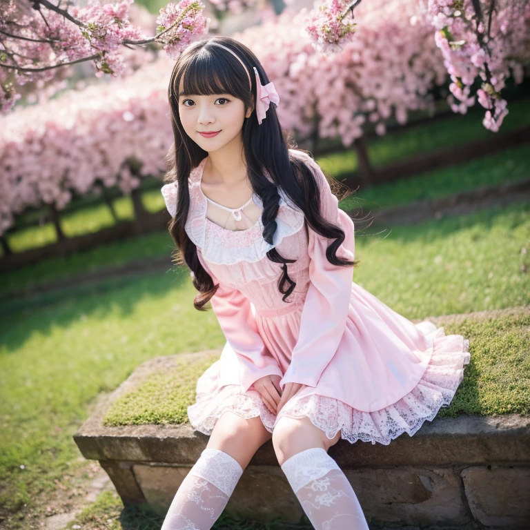 best quality, masterpiece, lifelike, 1 girl, alone, eternal, black hair, Long curly hair, blunt bangs, Smile, pink skirt, pink lolita dress, layered skirt, Lolita style long skirt,分層連衣裙 lace-trimmed 裙子, decorate, lace, long sleeve, puff sleeves, wide sleeves, Transparent sleeves, hair accessories, 在flower园里, flower, Detailed background,  delicate face，pink blush，White knee-length socks, Pink shoes，cold，Lots of lace，((​masterpiece))、(top quality)、8K、high detail、super detailed、 21 years old female，穿着pink lolita dress((dreamy atmosphere:1.1))、Seductive and whimsical style、​masterpiece、born、Scenes resembling fairy tale illustrations、Intricate details showcase the ruffles and intricate designs of the Lolita dress、beautifully、magic、capricious、 beautifully、Dream aesthetics、「𝓡𝓸𝓶𝓪𝓷𝓽𝓲𝓬、ethereal、charming、fickle、magic」、realism、Visual effect、FXAA、SSAO、shader、voiceless、ambient lighting、Tone mapping、High resolution、ultra high definition、megapixel、(8K resolution:1.10)、8K、Below 8K、8K resolution、high detail、intricate details、她的脸上exposed惊讶和敬畏的表情、 (high quality:1.2、​masterpiece:1.2、:1.21)、(21 years old female:1.21)、(興奮地Smile)、(Surrounded by the dreamy atmosphere of an amusement par色洛丽塔连衣裙、Her eyes were full of surprise and joy、I took a lot of geek photos、、High heel、Model diagram，full-body shot，Knee-high 白色的 lace socks,Sweet Lolita，Normal 2 feet，Pink shoes，Baotou shoes，full-body shot，baby star dress，have，不要exposed你的手指，cold，Emphasize the volume of the skirt，exposed，huge breasts，white underwear,The skirt flew up，spread your legs，low cut，exposed，tutu